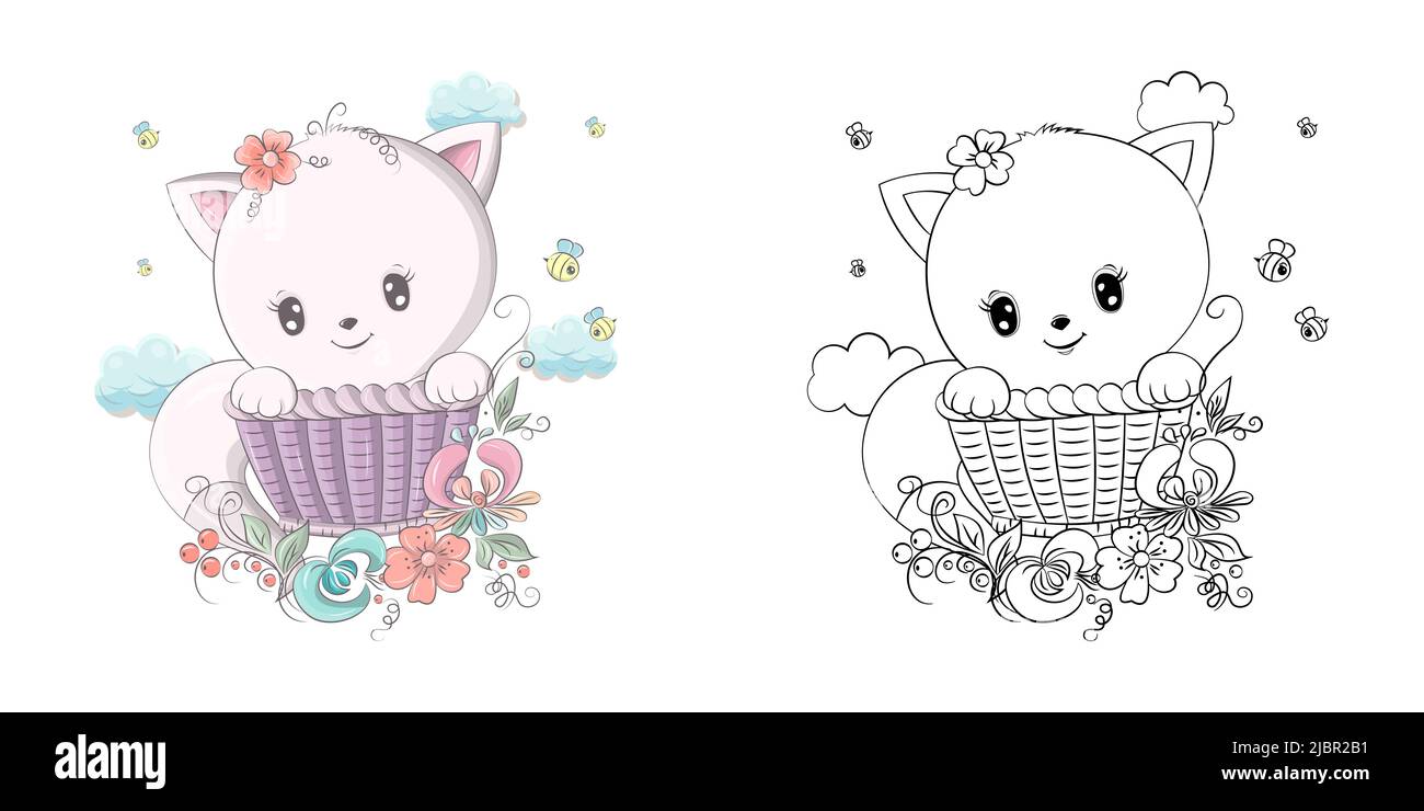 Kitten clipart per la pagina da colorare e l'illustrazione multicolore. Clip Art Cat in un cestino di vimini. Illustrazione Vettoriale