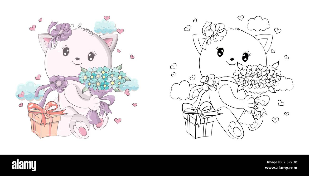 Cat Clipart multicolore e bianco e nero. Clip Art Cat con un mazzo di fiori e regalo. Illustrazione Vettoriale