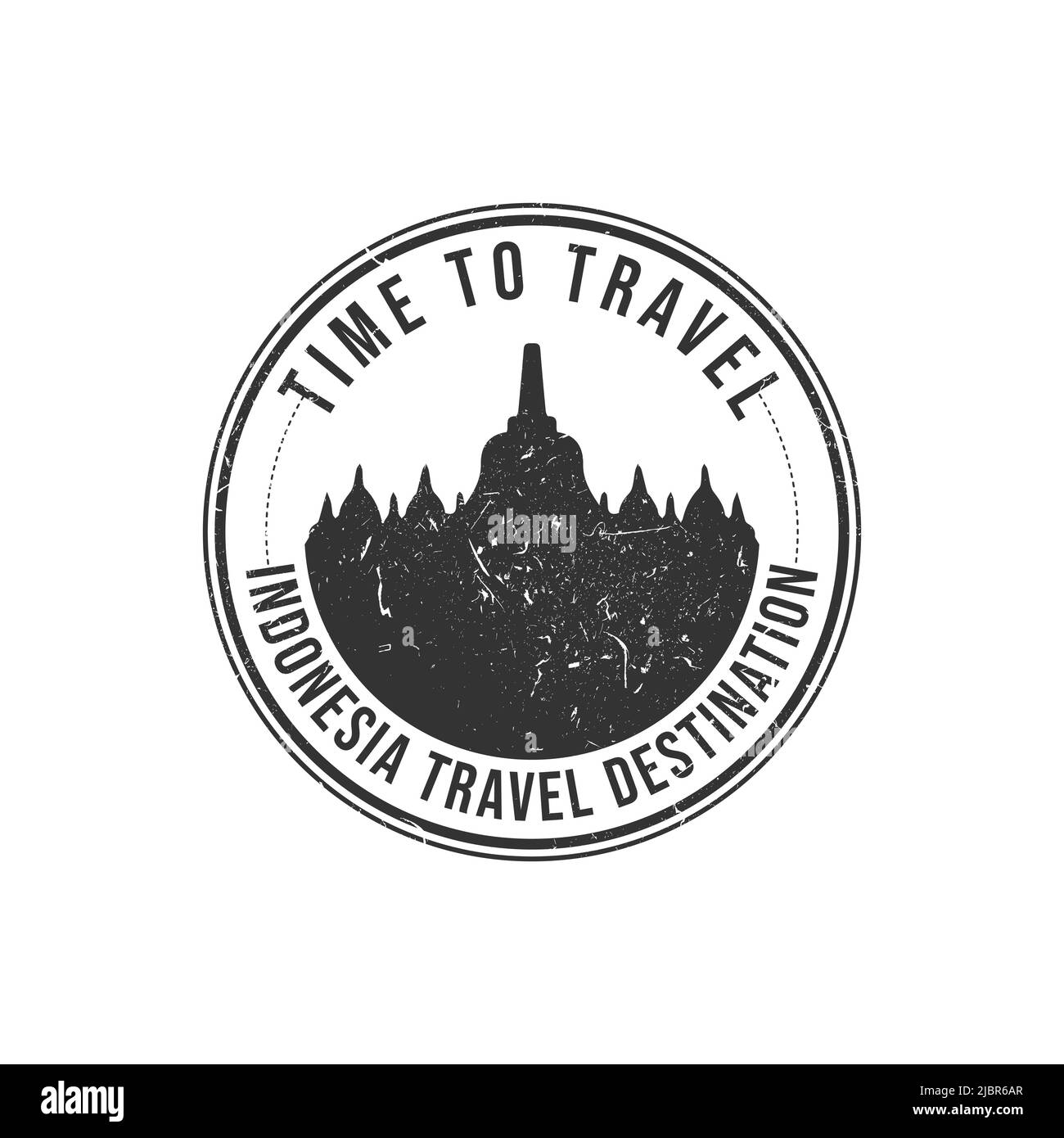 Grunge il timbro di gomma con il testo destinazione di viaggio Borobudur scritto all'interno del timbro. È il momento di viaggiare. Silhouette borobudur tempio indonesia hori Illustrazione Vettoriale