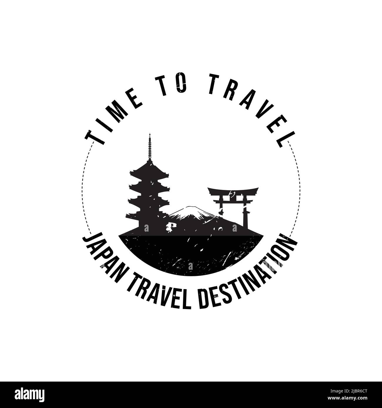 Grunge timbro di gomma con il testo destinazione viaggio Giappone scritto all'interno del timbro. È il momento di viaggiare. Silhouette del monte fuji e tempio storico del Giappone Illustrazione Vettoriale