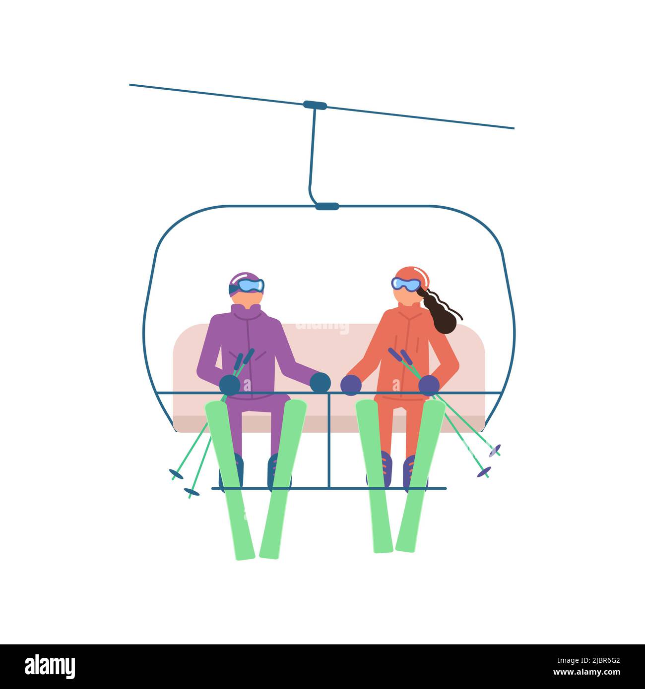 Coppia di sciatori di cartoni animati in ascensore isolato su sfondo bianco. Personaggi sportivi con occhiali e tuta da sci. Foto Stock