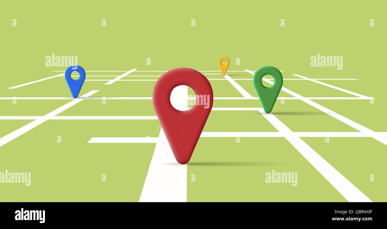 illustrazione con tag geo su una grande mappa verde con linee. Illustrazione vettoriale Illustrazione Vettoriale