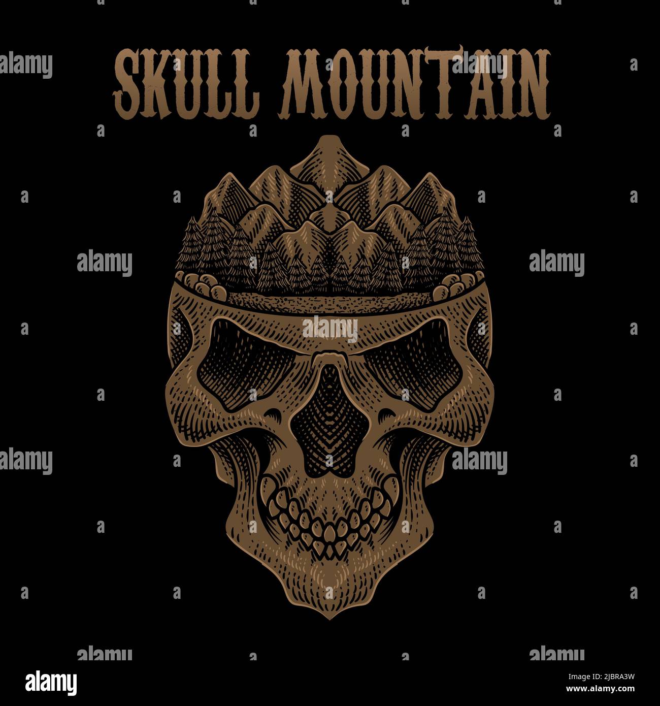 Illustrazione montagna cranio su sfondo nero Illustrazione Vettoriale