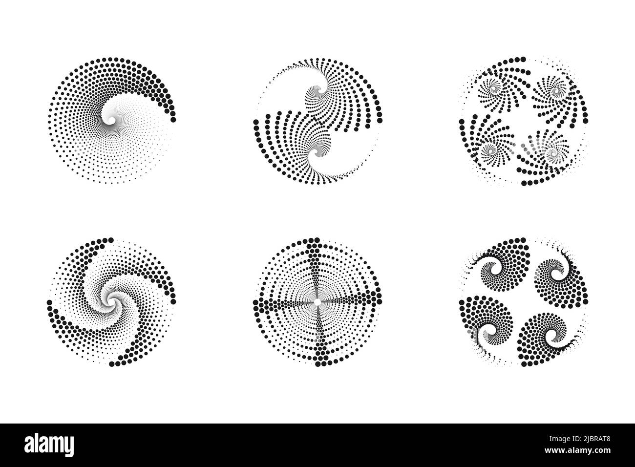 Set di spirali, elementi di disegno, motivi astratti punteggiati. Spirali, punti di torsione, mezzitoni vortex. Modelli vettoriali di rotazione radiale circolare Illustrazione Vettoriale