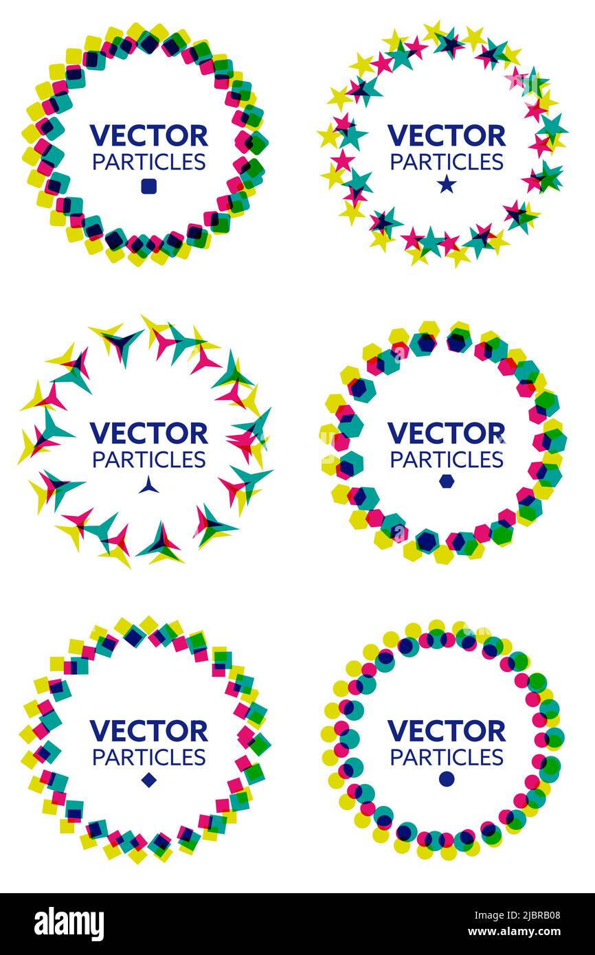 Set di cerchi colorati formati da diverse forme geometriche. Elementi di design astratti. Illustrazione vettoriale. Set vettoriale astratto creativo. Illustrazione Vettoriale
