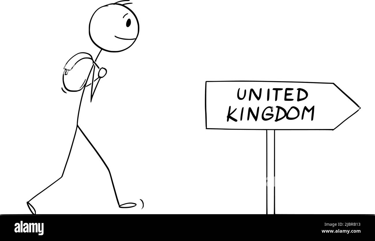 Tourist on Journey to United Kingdom, Vector Cartoon Stick Figure Illustration Illustrazione Vettoriale