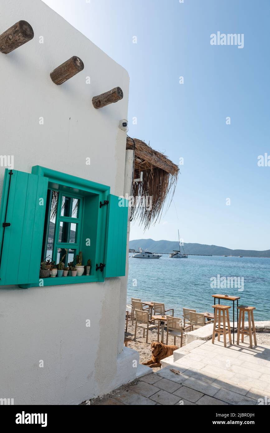 Bodrum, Mugla, Turchia. Aprile 21st 2022 splendida finestra Turquoise di un caffè sul fronte mare di Bodrum Harbour, la costa sud-occidentale turca dell'AEG Foto Stock