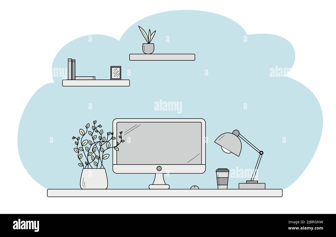 Illustrazione vettoriale, spazio di lavoro, ufficio domestico, lavoro e studio a casa, formazione online, webinar, seminari, blogging Illustrazione Vettoriale