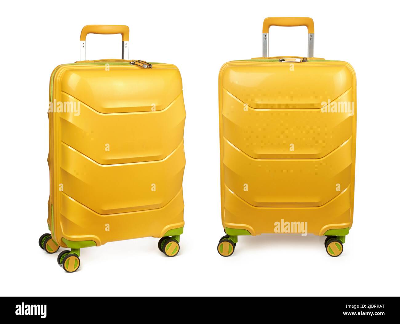 Set di due valigie. Valigie gialle isolate su sfondo bianco Foto Stock