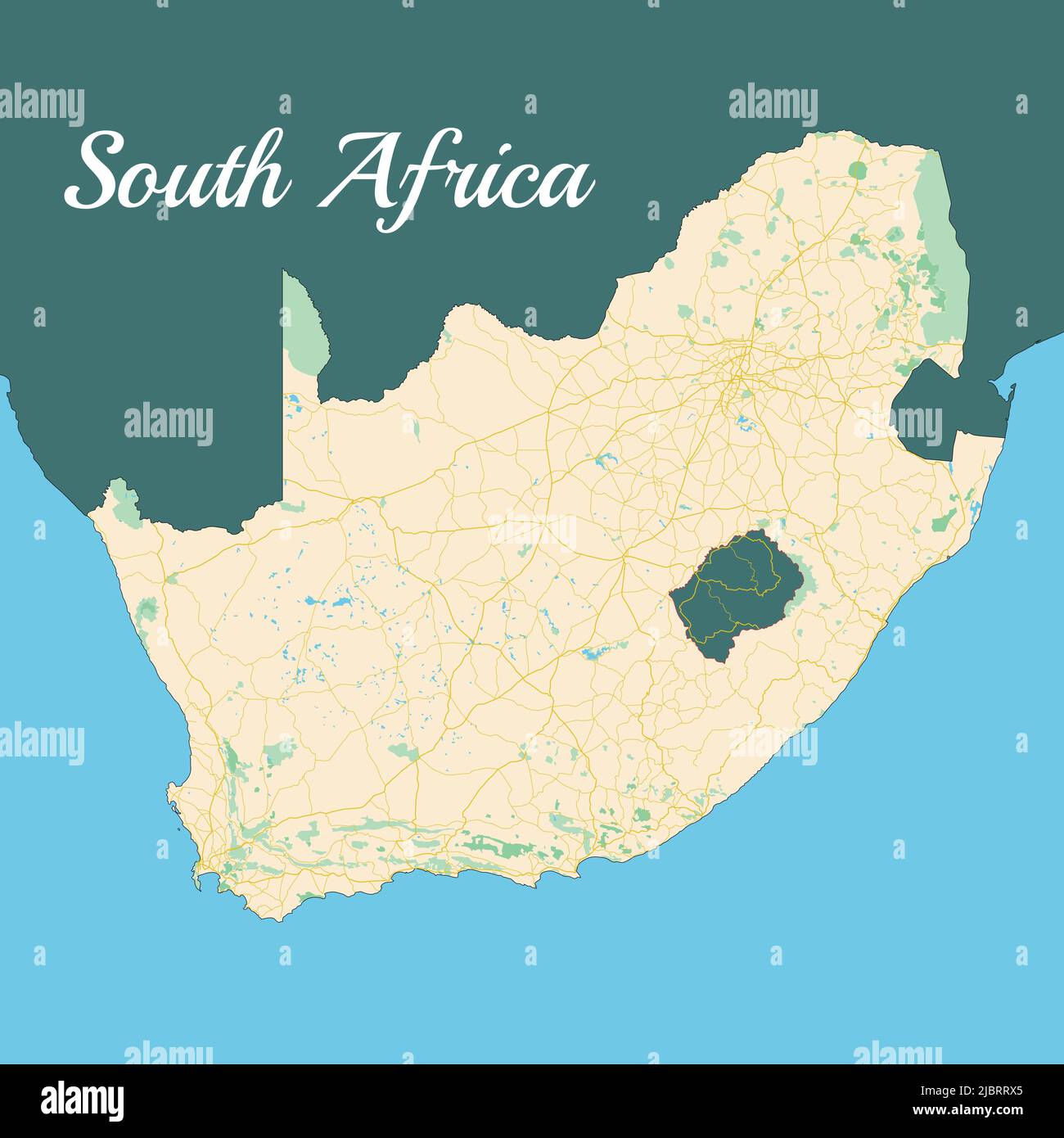 Sudafrica. Una mappa di sfondo con vista dall'alto, disegnata con precisione cartografica. Illustrazione Vettoriale