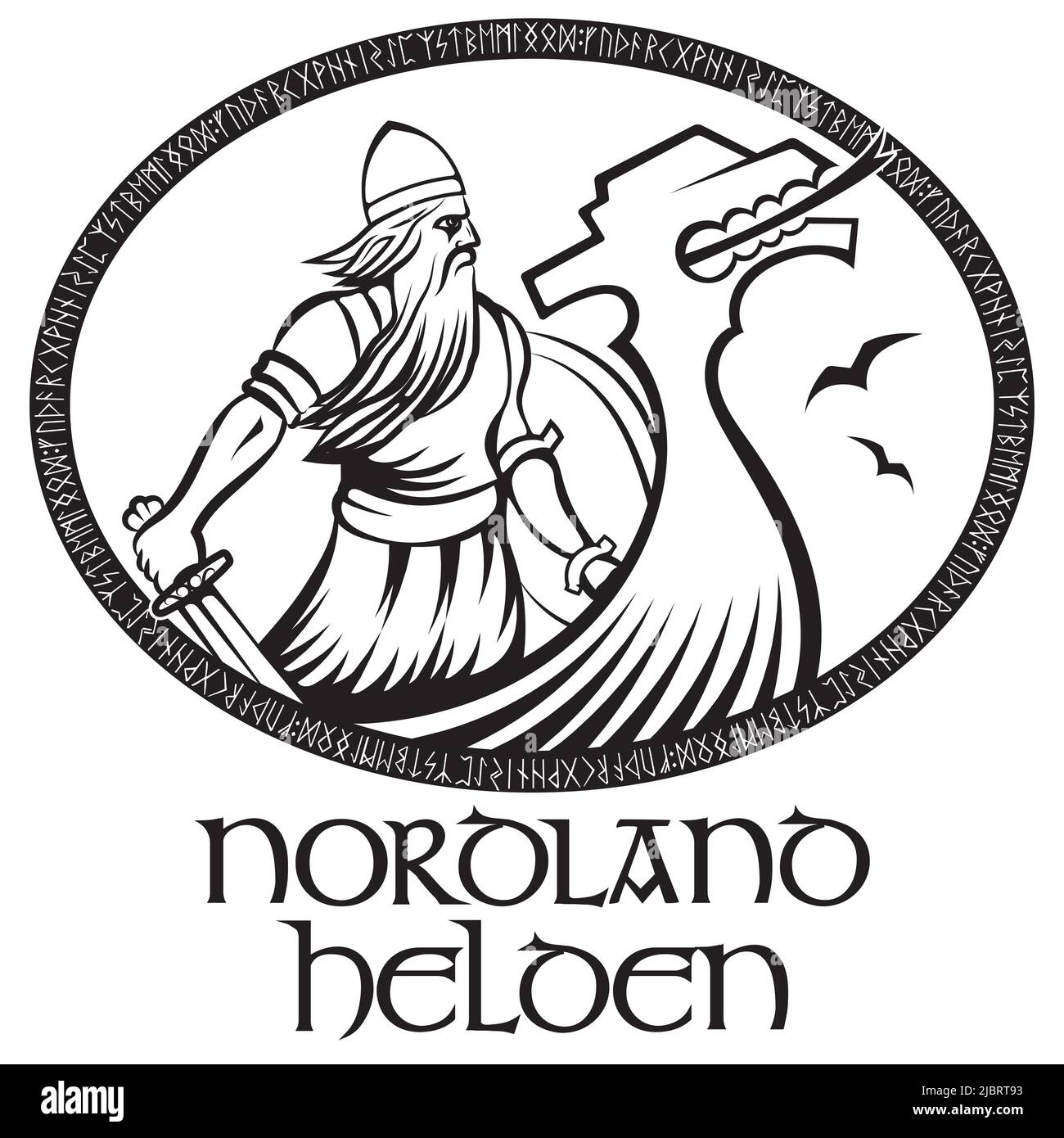Vecchio guerriero norreno. Vichingo con spada e Drakkar Illustrazione Vettoriale