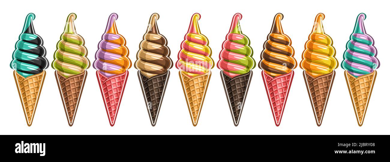 Set Vector Ice Cream, raccolta lotto di 9 ritagliate diverse illustrazioni di gelati realistici e rinfrescanti, banner orizzontale con ghiaccio alla frutta italiana Illustrazione Vettoriale