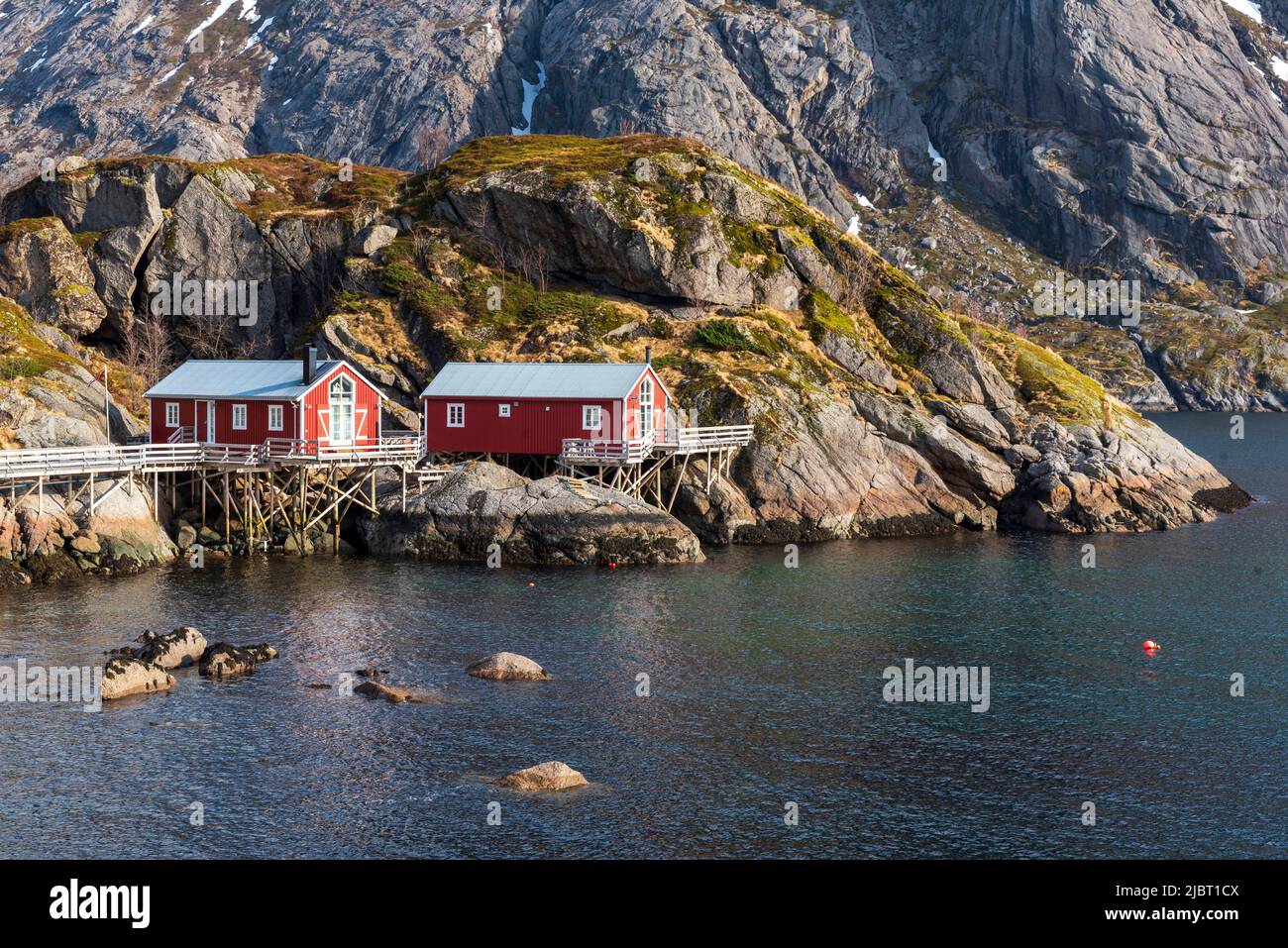Norvegia, Nordland County, Isole Lofoten, Nusfjord, Porto Foto Stock