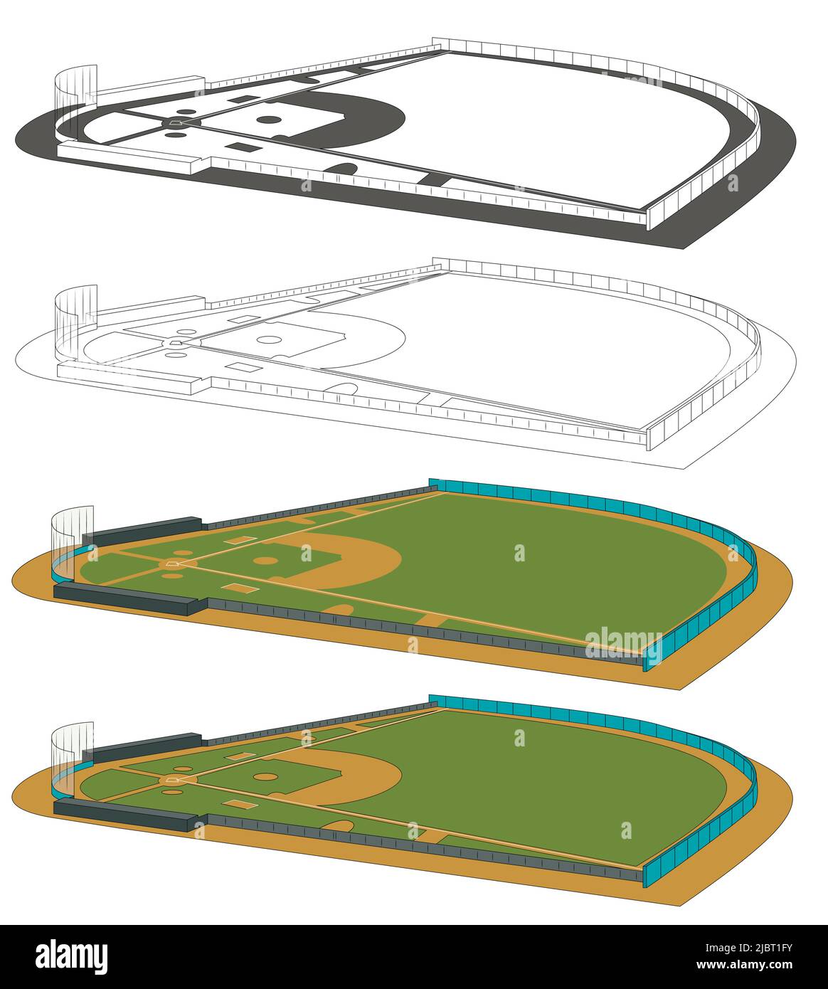 Illustrazione vettoriale dei campi da baseball. Infografiche per pagine web, trasmissioni sportive, sfondi di strategie. Quattro campi con vista laterale. Illustrazione Vettoriale