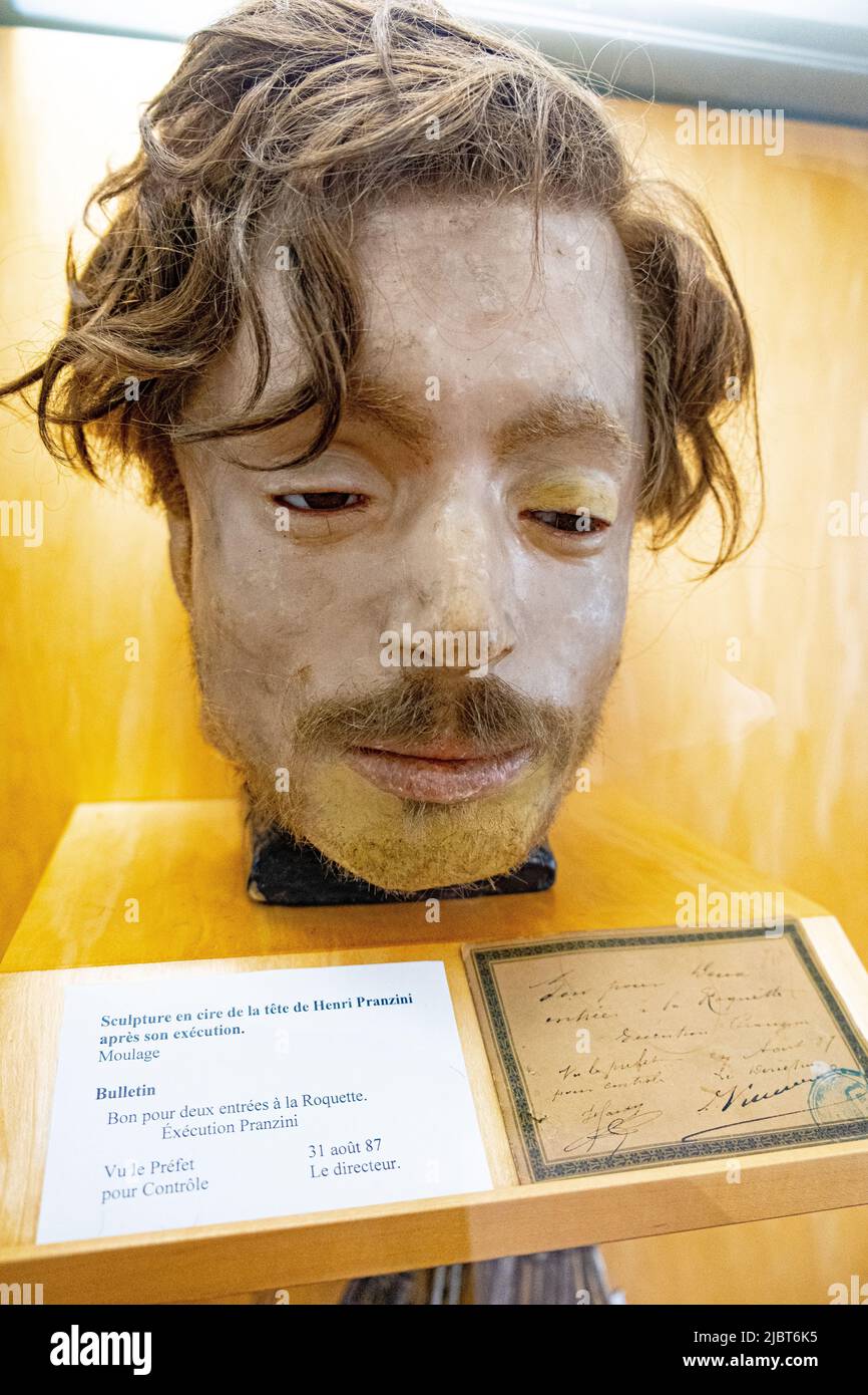 Francia, Parigi, Museo della Prefettura di polizia, scultura in cera della testa di Henri Pranzini dopo la sua esecuzione Foto Stock