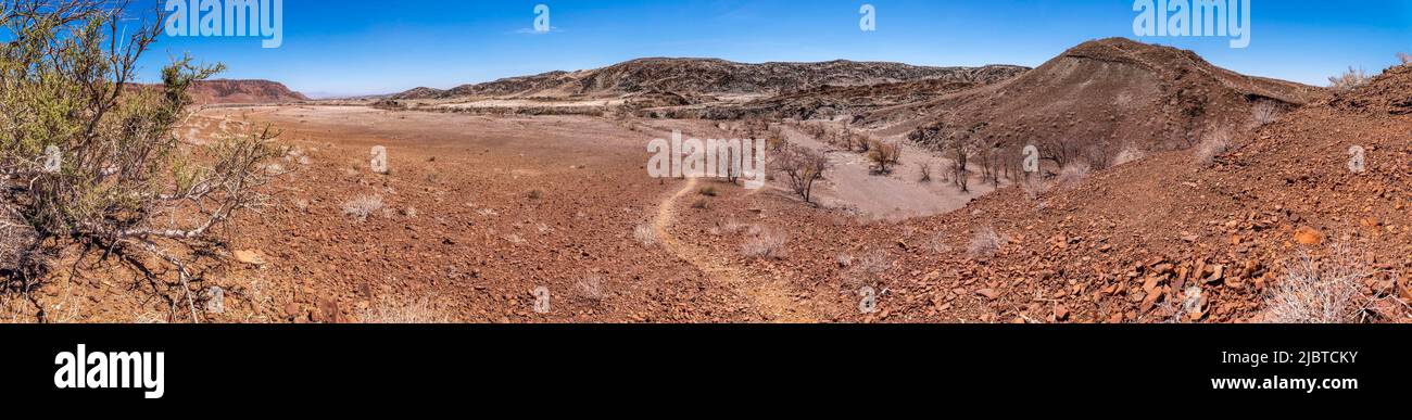 Namibia, regione di Kunene, Damaraland, Khorixas, tubi per organi, Organi basaltici elencati come Patrimonio Mondiale dall'UNESCO, gli organi sono stati formati circa 150 milioni di anni fa a seguito dell'intrusione di liquido lavico in una formazione di roccia ardesia che è stata esposta nel tempo da erosione, vista panoramica Foto Stock