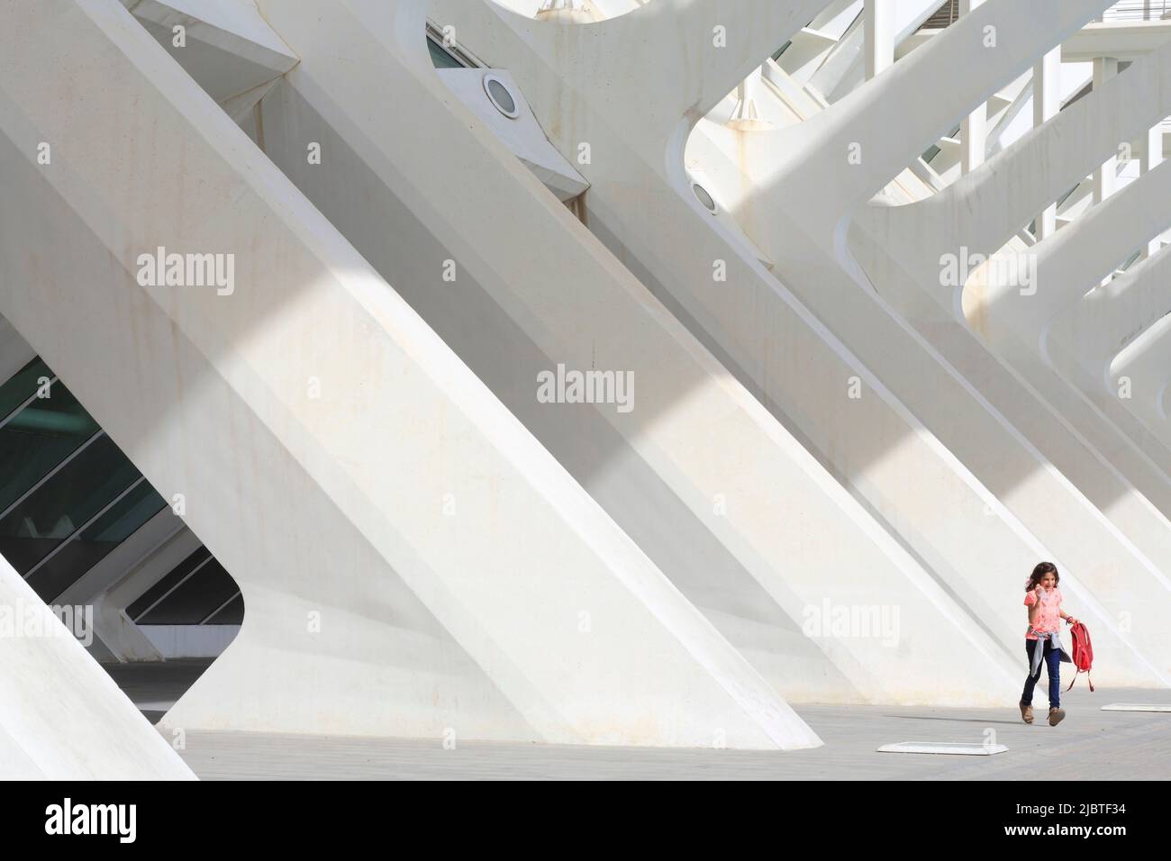 Spagna, Valencia, Città delle Arti e delle Scienze (Ciudad de las Artes y las Ciencias), complesso culturale progettato dall'architetto Santiago Calatrava, vista del Museo della Scienza di Príncipe Felipe (museo delle scienze naturali) Foto Stock