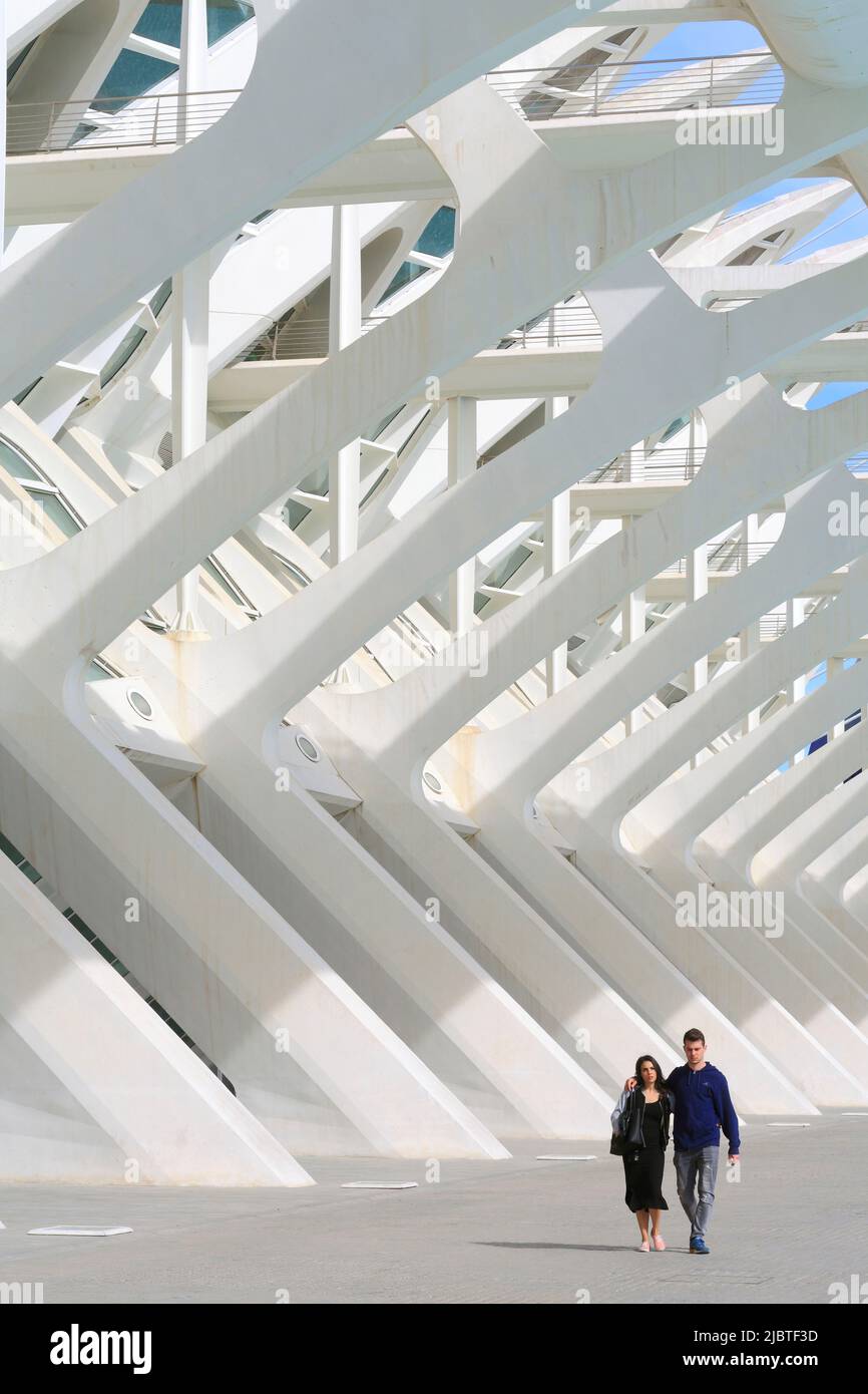 Spagna, Valencia, Città delle Arti e delle Scienze (Ciudad de las Artes y las Ciencias), complesso culturale progettato dall'architetto Santiago Calatrava, vista del Museo della Scienza di Príncipe Felipe (museo delle scienze naturali) Foto Stock