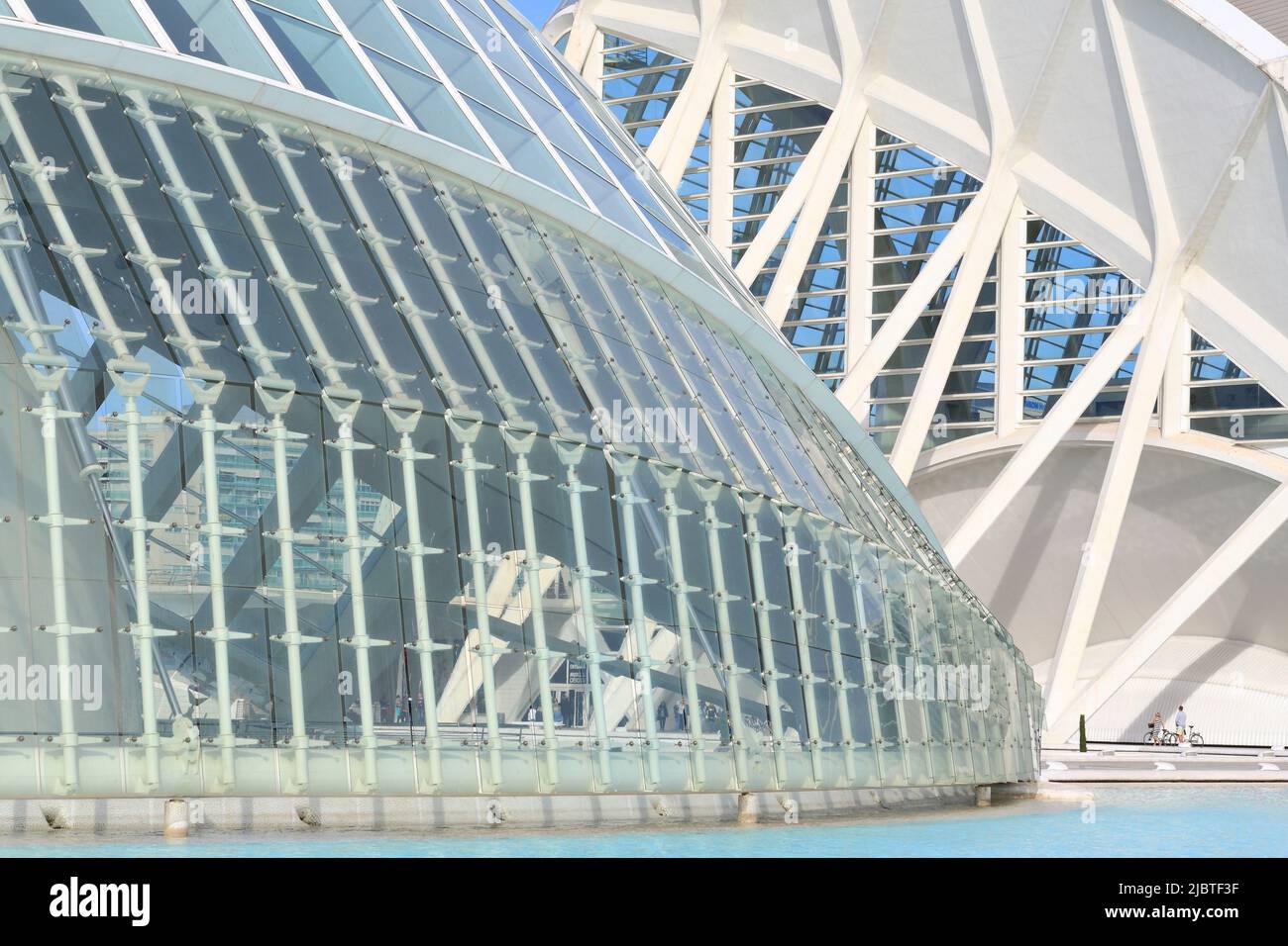 Spagna, Valencia, Città delle Arti e delle Scienze (Ciudad de las Artes y las Ciencias), complesso culturale progettato dall'architetto Santiago Calatrava, vista dell'Hemisfèric (cinema Planetarium e Omnimax) e del Museo della Scienza Príncipe Felipe in background (museo delle scienze naturali) Foto Stock