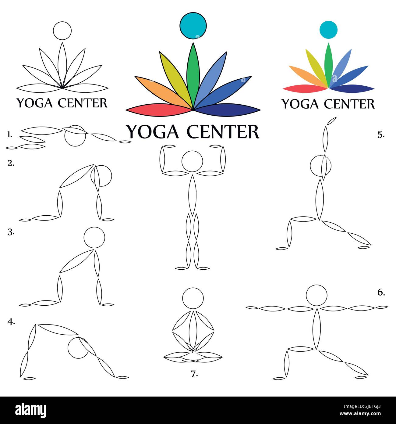 Centro yoga. Icone con logo e pose per il centro dello yoga. Illustrazione Vettoriale