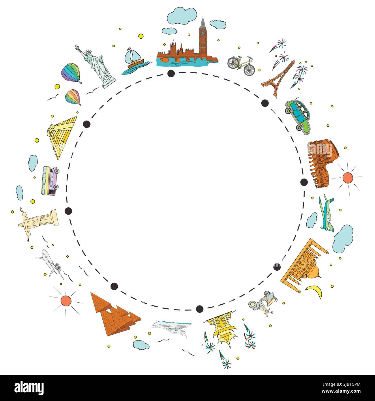 Viaggia in bianco e nero. Illustrazione del vettore di astrazione. Attrazioni e viaggio di trasporto per agenzia di viaggi. Illustrazione Vettoriale