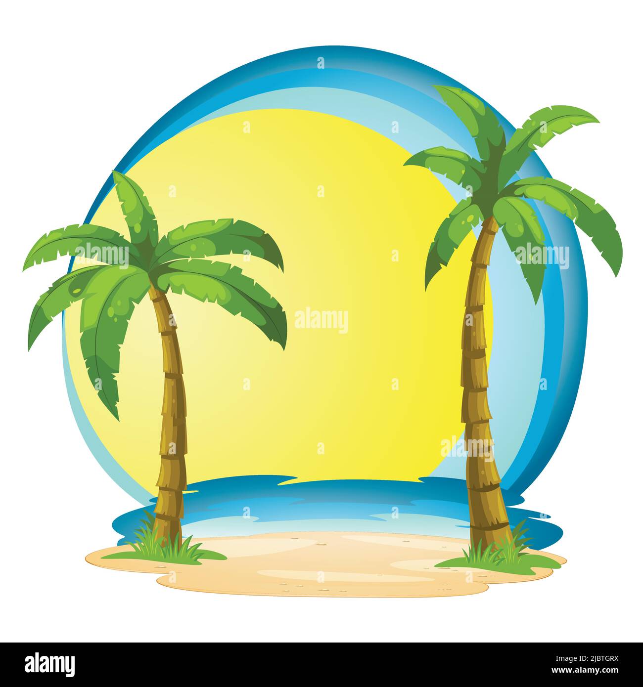 Due palme sullo sfondo del mare e del tramonto o dell'alba. Sfondo tropicale per temi di viaggio e vacanza. Illustrazione Vettoriale