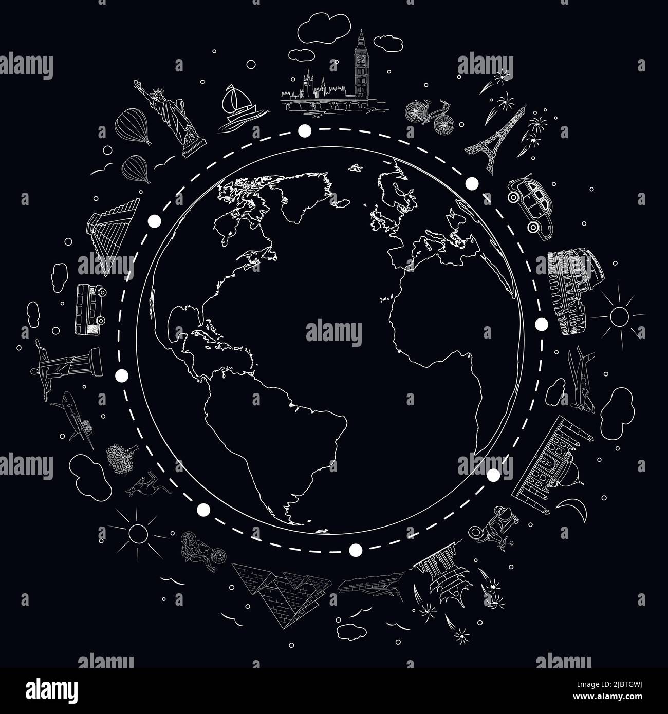 Viaggia in bianco e nero. Illustrazione del vettore di astrazione. Attrazioni e viaggio di trasporto per agenzia di viaggi. Illustrazione Vettoriale
