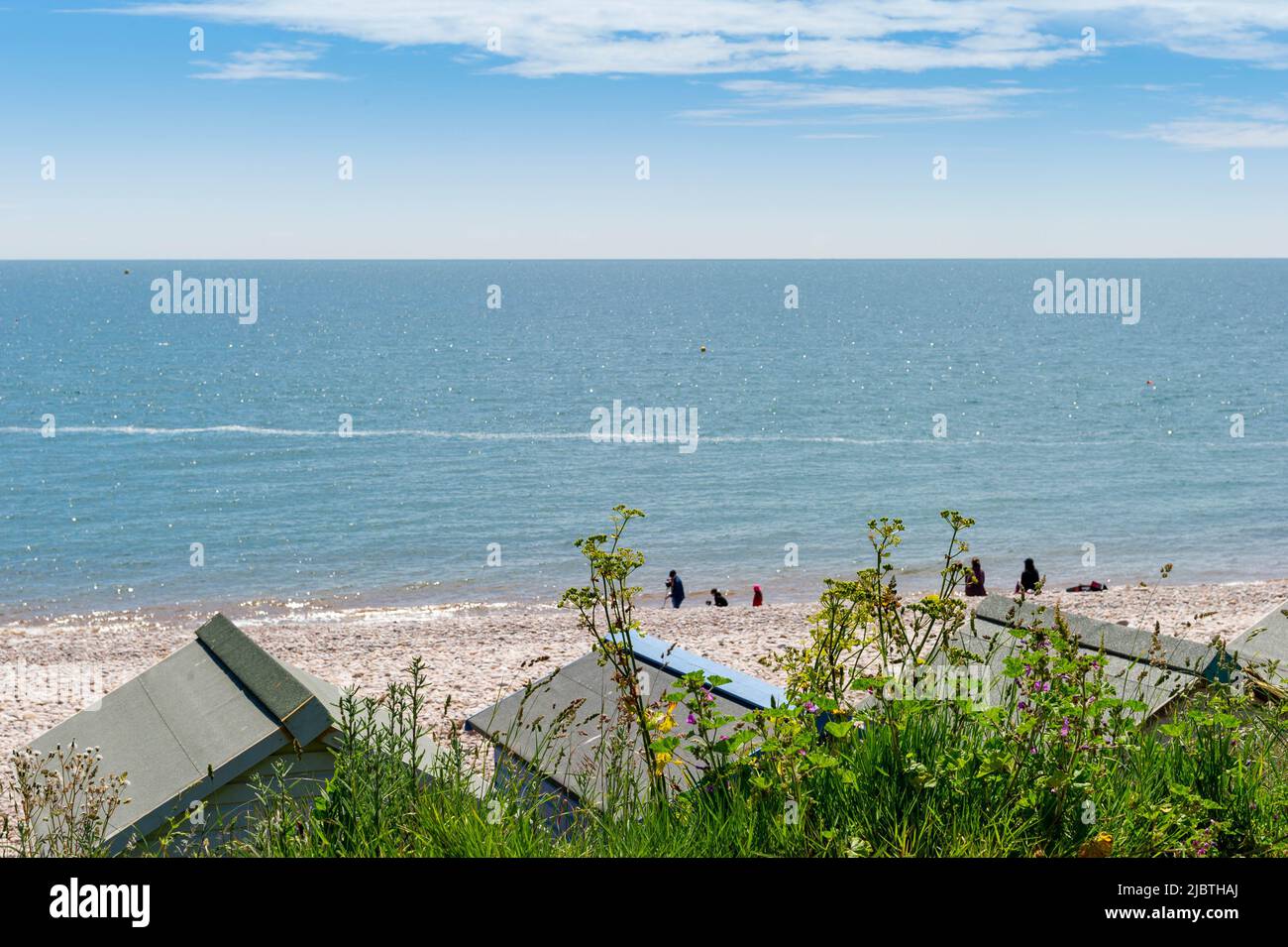 Beach Huts sulla spiaggia a Budleigh Salterton, Devon, Inghilterra Foto Stock