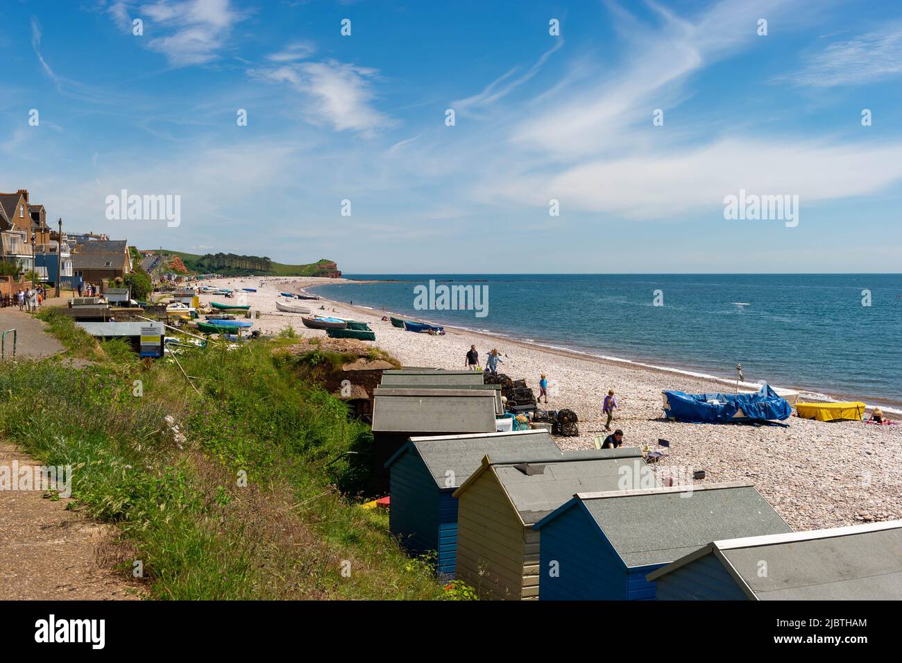 Beach Huts sulla spiaggia a Budleigh Salterton, Devon, Inghilterra Foto Stock