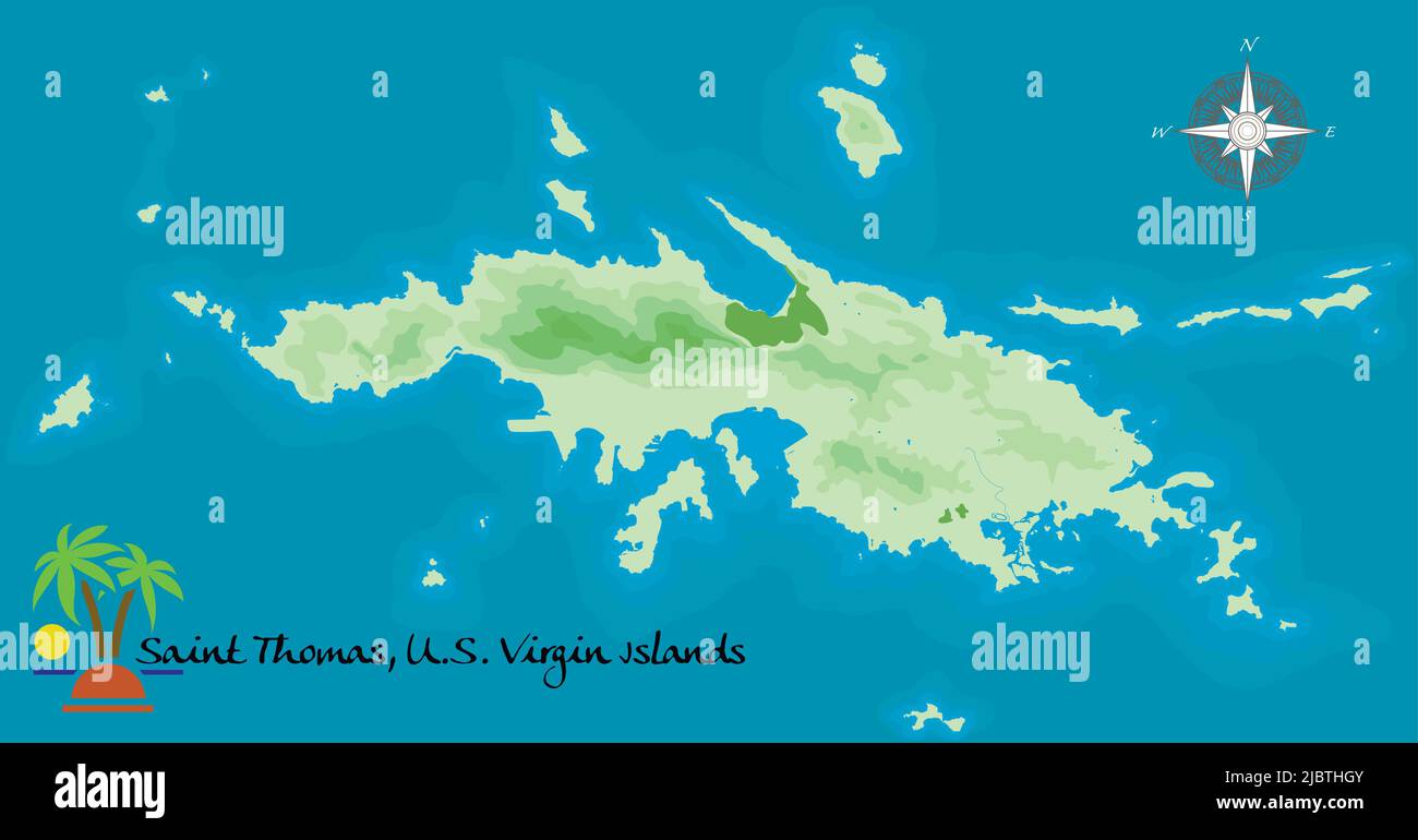 Saint Thomas, U. S. Virgin Island. Mappa di sfondo satellitare realistica. Disegnata con precisione cartografica. Una vista dall'alto. Illustrazione Vettoriale