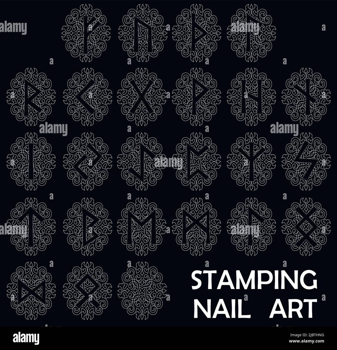 Rune. Set di rune per la stampa di unghie o tatuaggio design e art. Alphabet su sfondo nero in forma di simboli con ornamenti in stile celtico Illustrazione Vettoriale