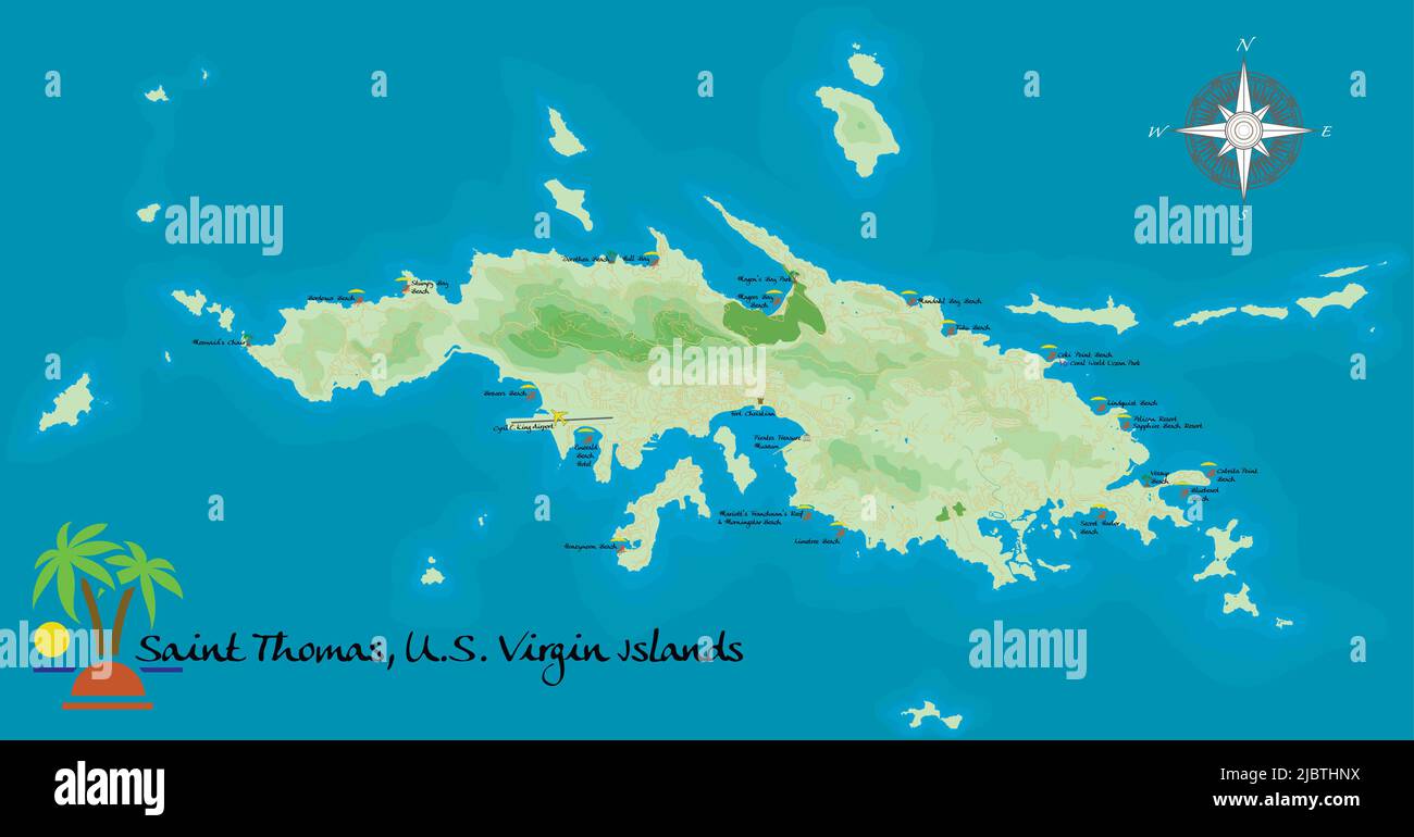 Saint Thomas, U. S. Virgin Island. Mappa di sfondo satellitare realistica. Disegnata con precisione cartografica. Una vista dall'alto. Illustrazione Vettoriale