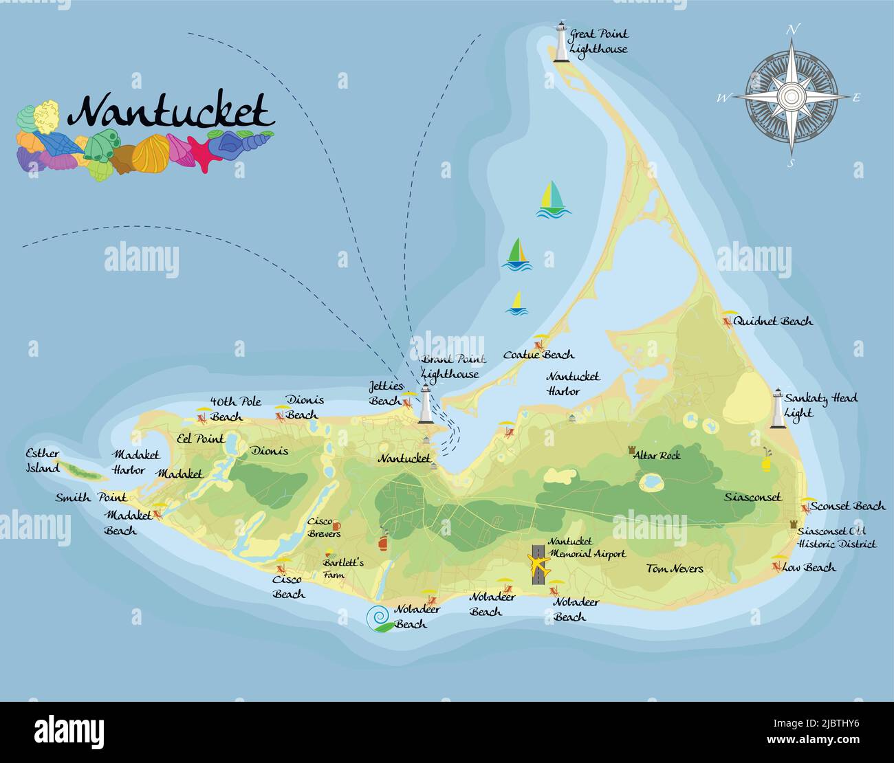 Isola di Nantucket. Mappa di sfondo satellitare realistica con designazione di spiagge, luoghi di riposo e di intrattenimento. Disegnata con precisione cartografica Illustrazione Vettoriale