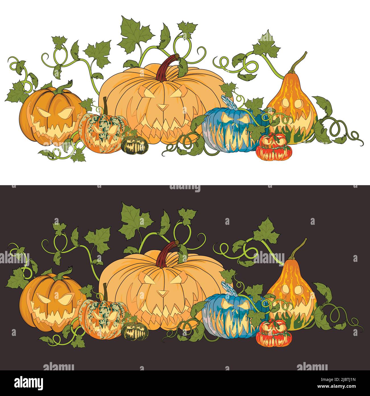 Due illustrazioni di zucche per Halloween su sfondo bianco e scuro. Volti divertenti su diverse varietà di zucche. Illustrazione Vettoriale