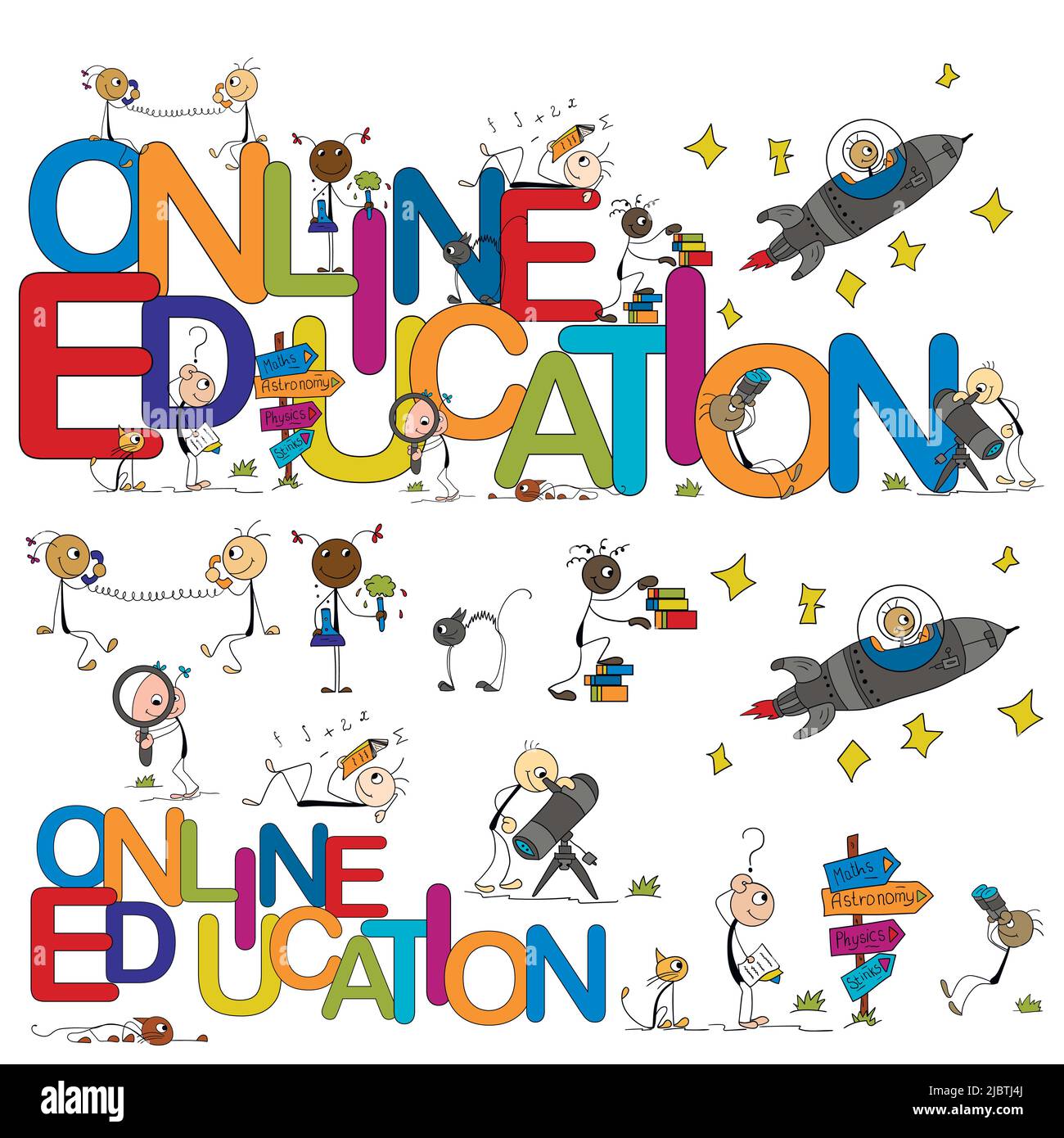 Formazione online. Illustrazione a colori per l'educazione con i piccoli uomini in diversi campi di studio. Adatto per creare sfondi, colori, striscioni. Illustrazione Vettoriale
