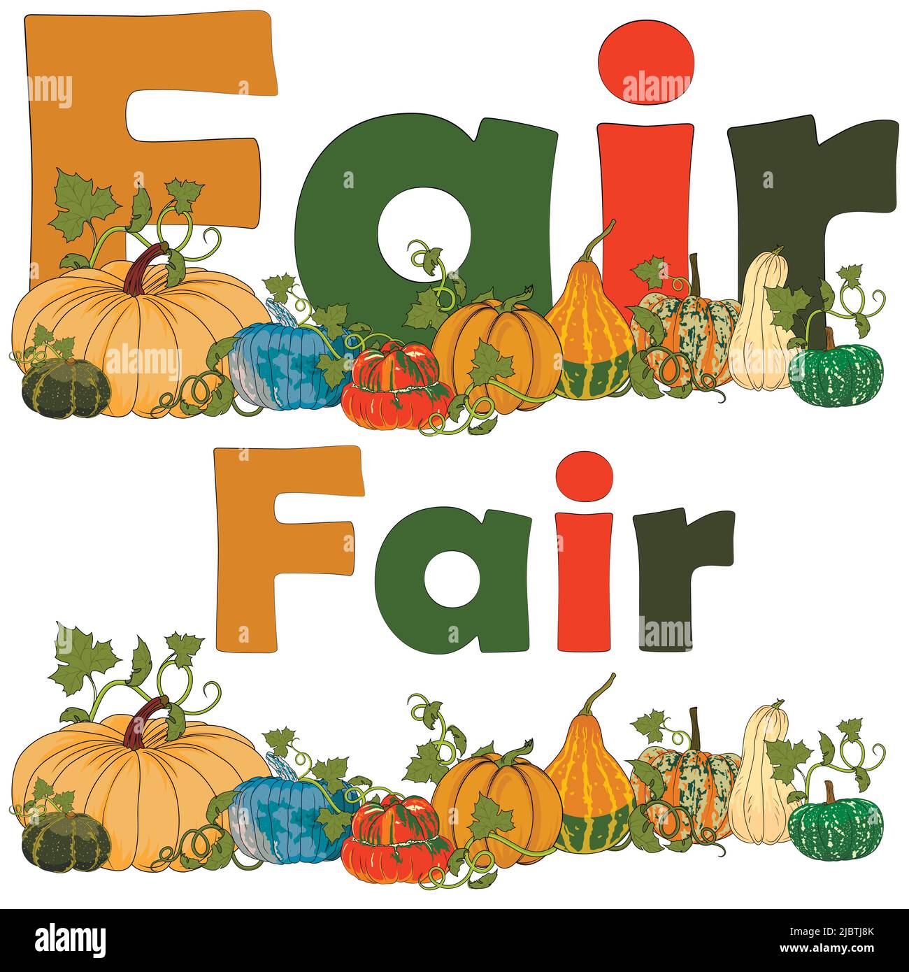 Sfondo per la fiera. Illustrazione delle varietà di zucca per il periodo preparatorio per la celebrazione di Halloween e giorno del Ringraziamento. Illustrazione Vettoriale