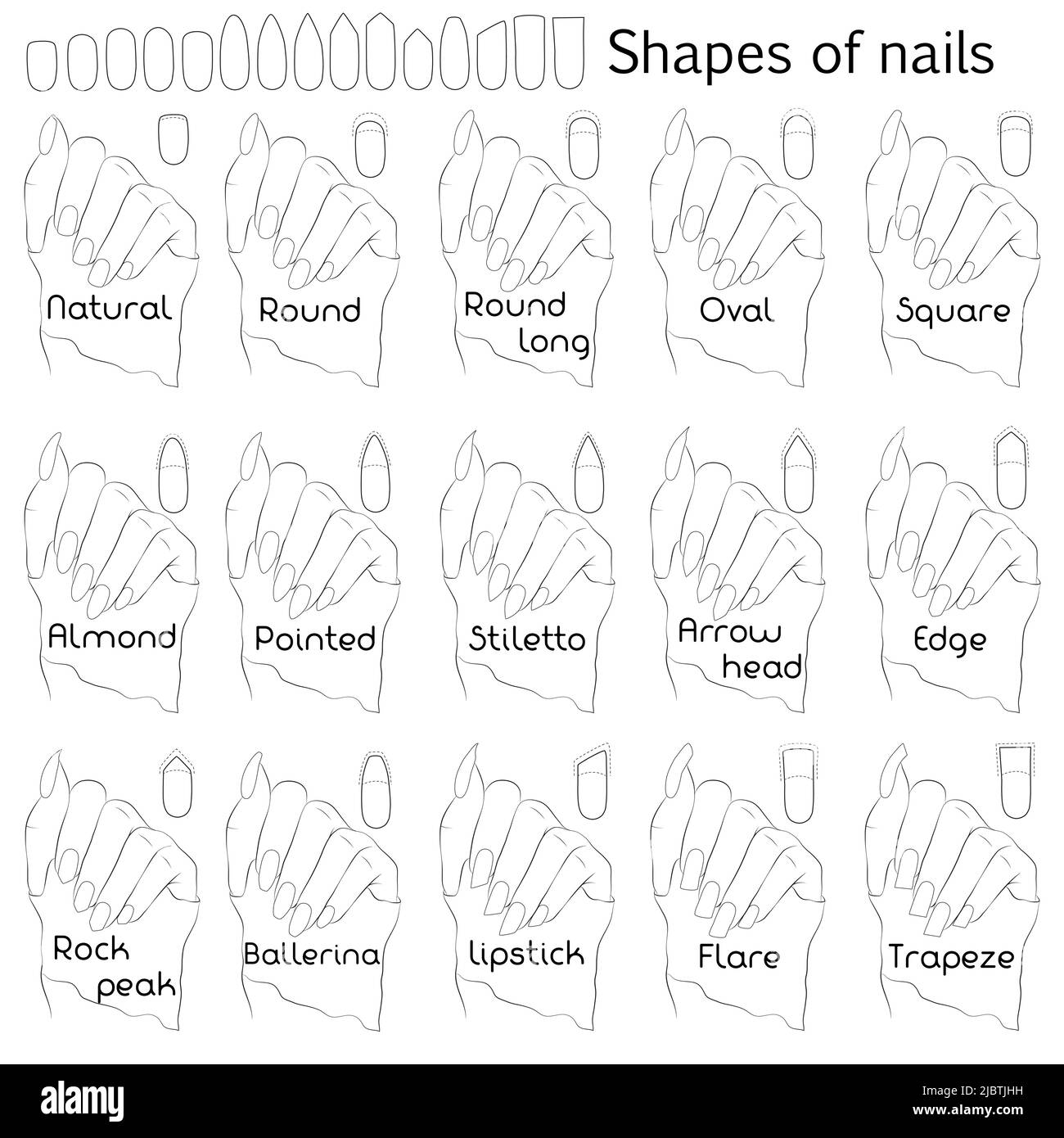 Forme di unghie. Illustrazione in bianco e nero per manicure professionale con nomi di forme. La differenza e la similarità delle forme sull'esempio di Illustrazione Vettoriale
