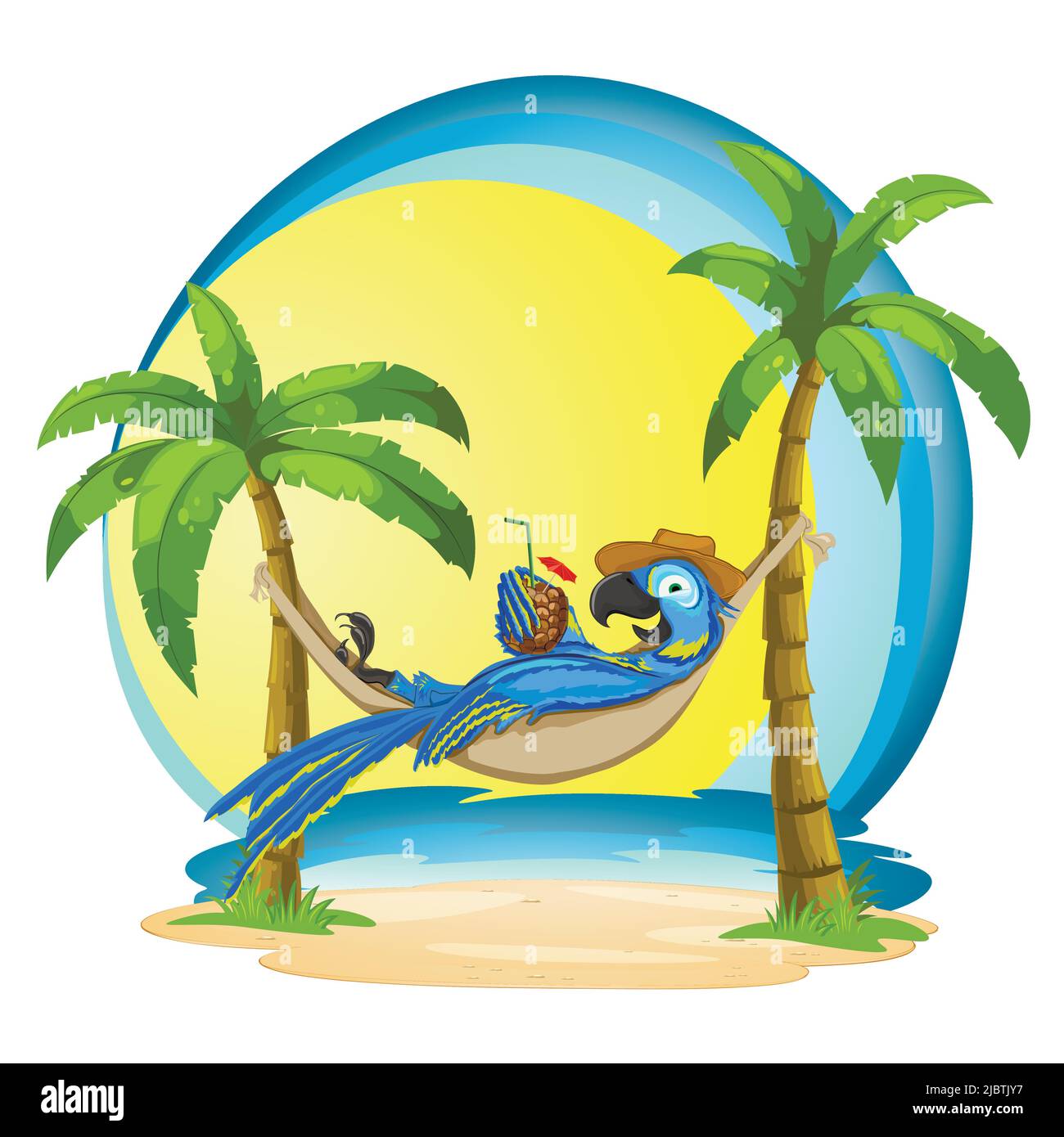 Macaw in un'amaca con un cocktail su sfondo tropicale. Illustrazione di un pappagallo con il mare e le palme. Illustrazione Vettoriale