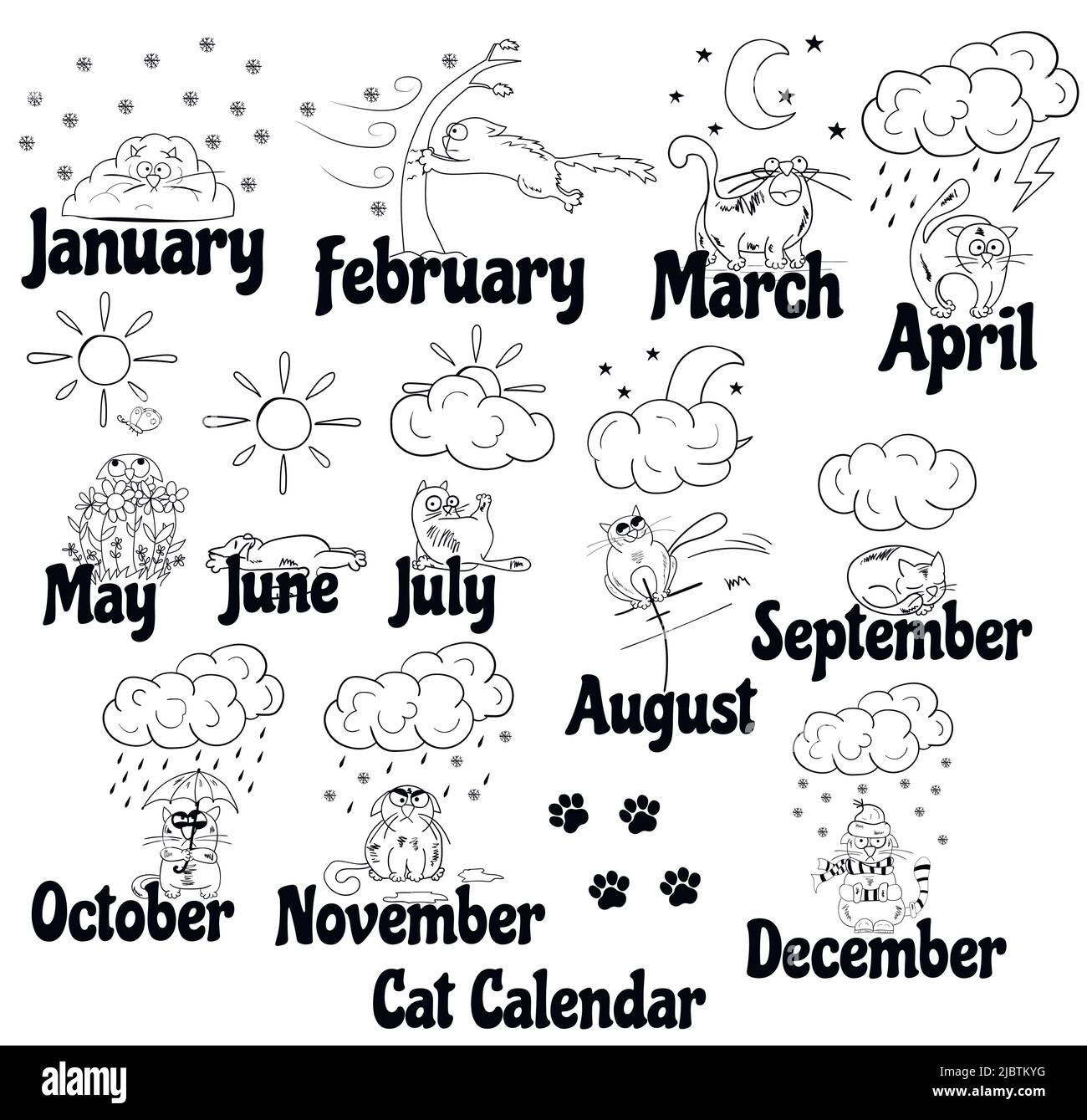 Calendario Cat. Divertente gatto disegnato a mano in momenti diversi dell'anno. Illustrazione del tempo e delle stagioni. La reazione del gatto al tempo. Illustrazione Vettoriale