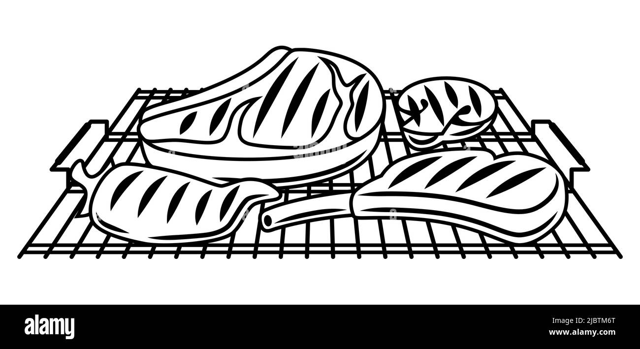 Illustrazione del barbecue con oggetti e icone della griglia. Cucina stilizzata e menu del ristorante. Illustrazione Vettoriale