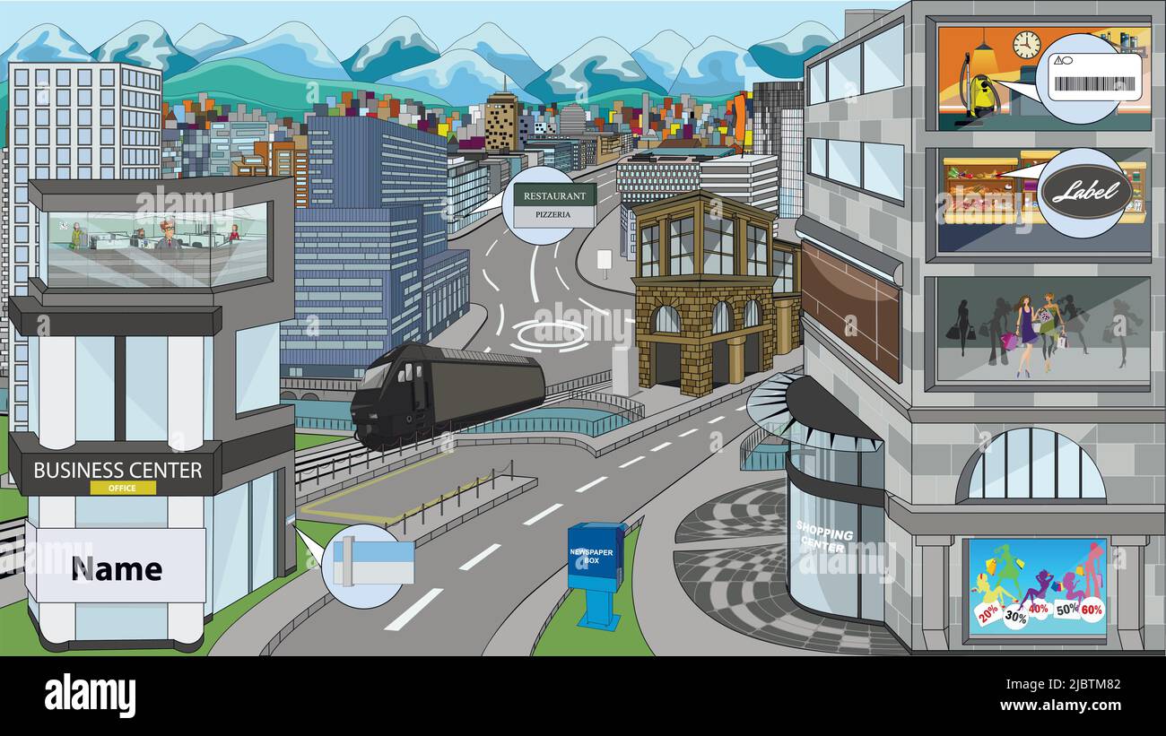 Immagine collettiva della città con visualizzazione dello spazio pubblicitario. Illustrazione Vettoriale