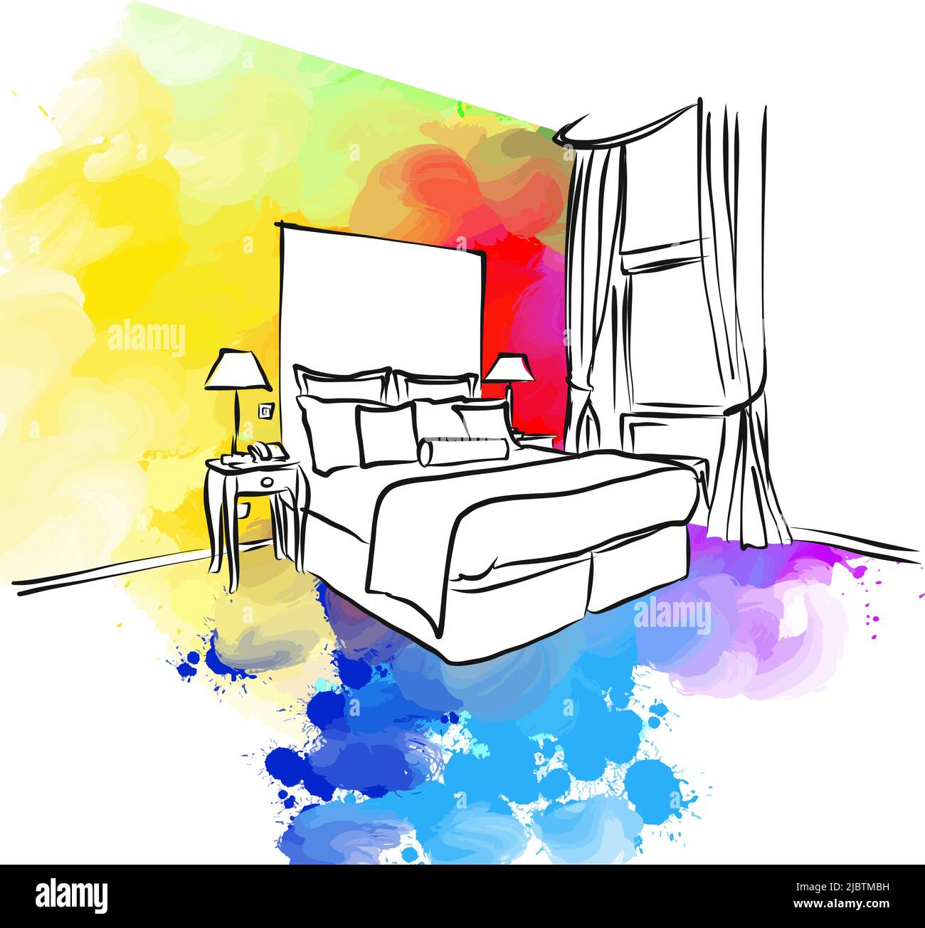 Camera Creative Hotel - Appartamento colorato. Disegno reale a mano. Segno vettoriale colorato. Illustrazione Vettoriale