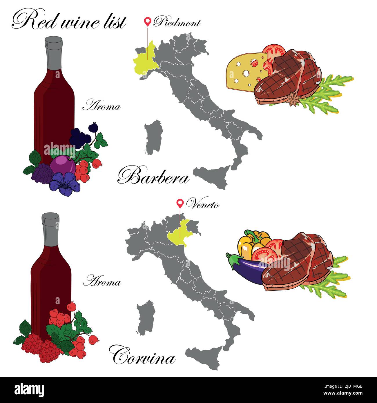 Barbera e Veneto. La carta dei vini. Un'illustrazione di un vino rosso con un esempio di aromi, una mappa dei vigneti e cibo che si abbina al vino. Illustrazione Vettoriale