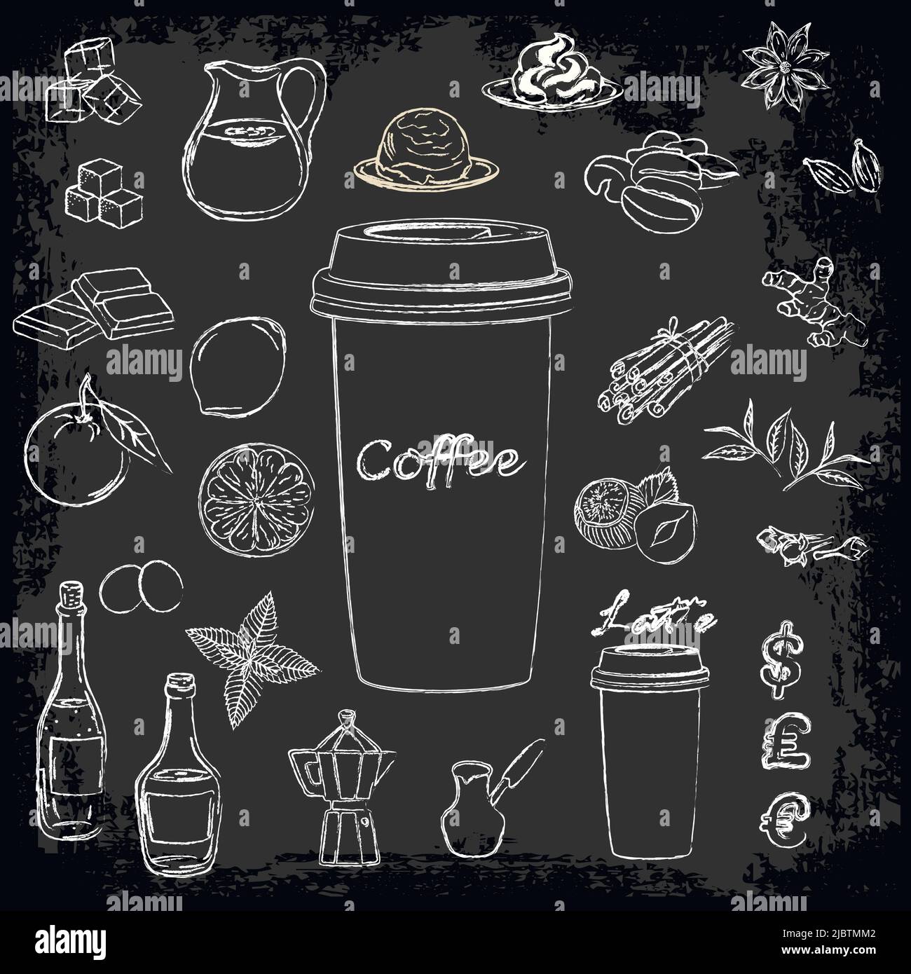 Un set di ingredienti per la preparazione di ricette a base di caffè. Illustrazione vettoriale per le schede dei menu. Imitazione del gesso. Illustrazione Vettoriale