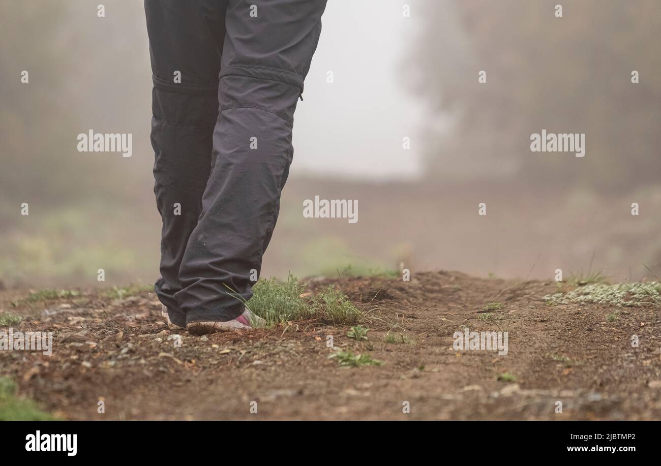 Fuoco selettivo sparato di passi di persona che cammina nella natura in tempo nebbia. Foto Stock