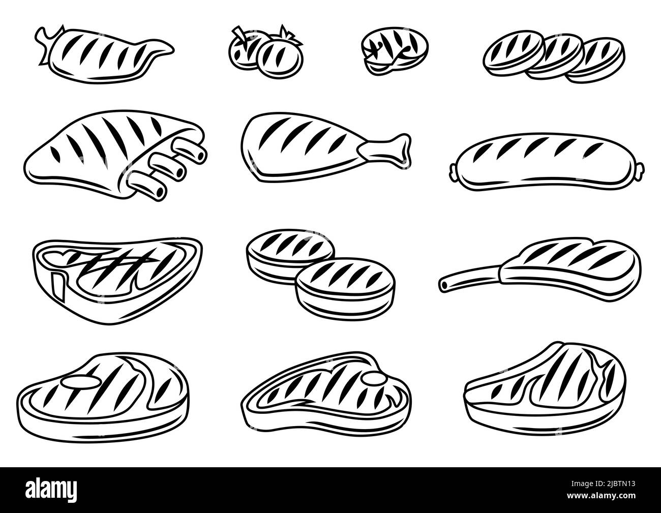Set barbecue di piatti e prodotti alla griglia. Cucina stilizzata e menu del ristorante. Illustrazione Vettoriale