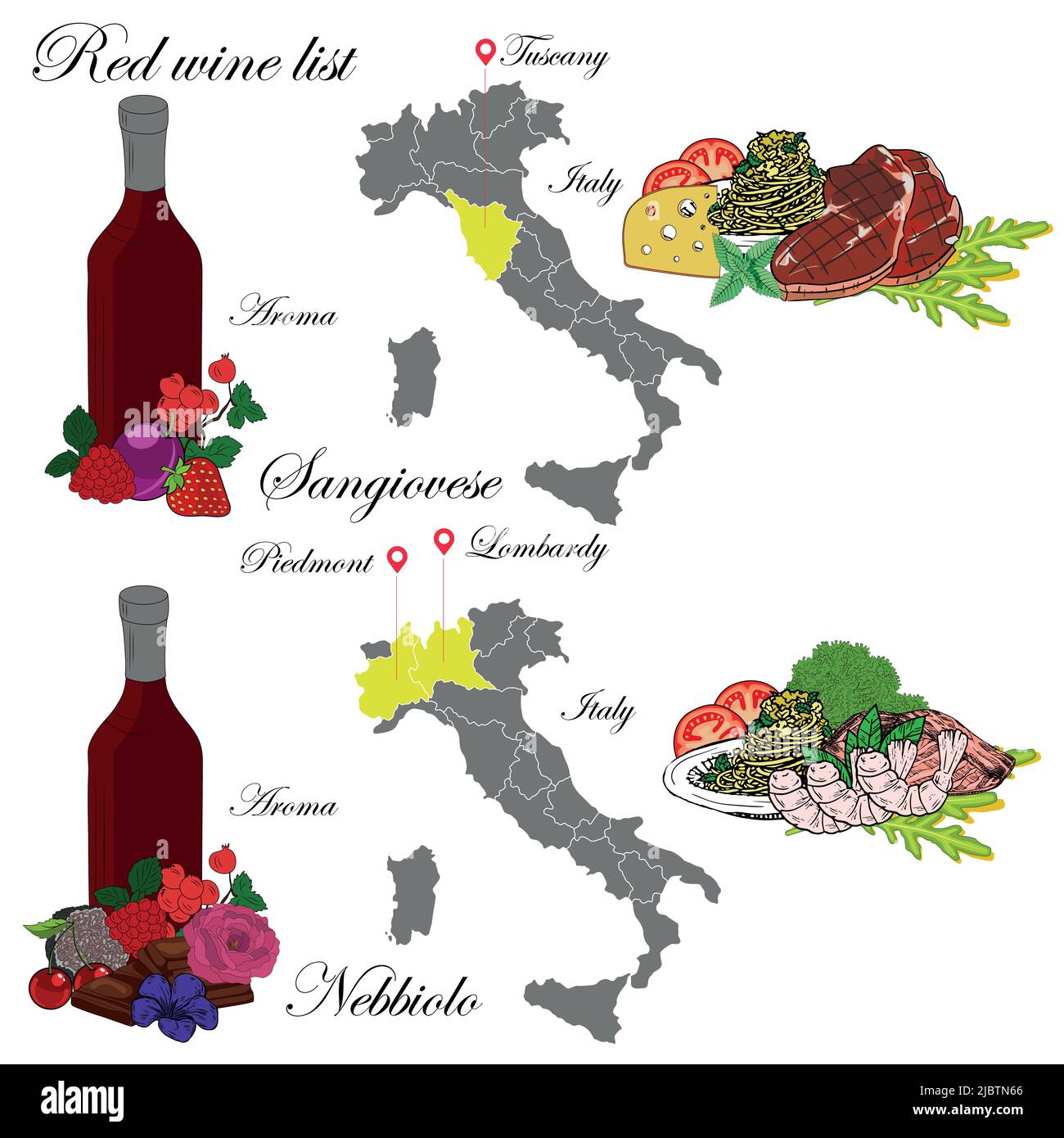 Sangiovese e Nebbiolo. La carta dei vini. Un'illustrazione di un vino rosso con un esempio di aromi, una mappa dei vigneti e cibo che si abbina al vino. Illustrazione Vettoriale