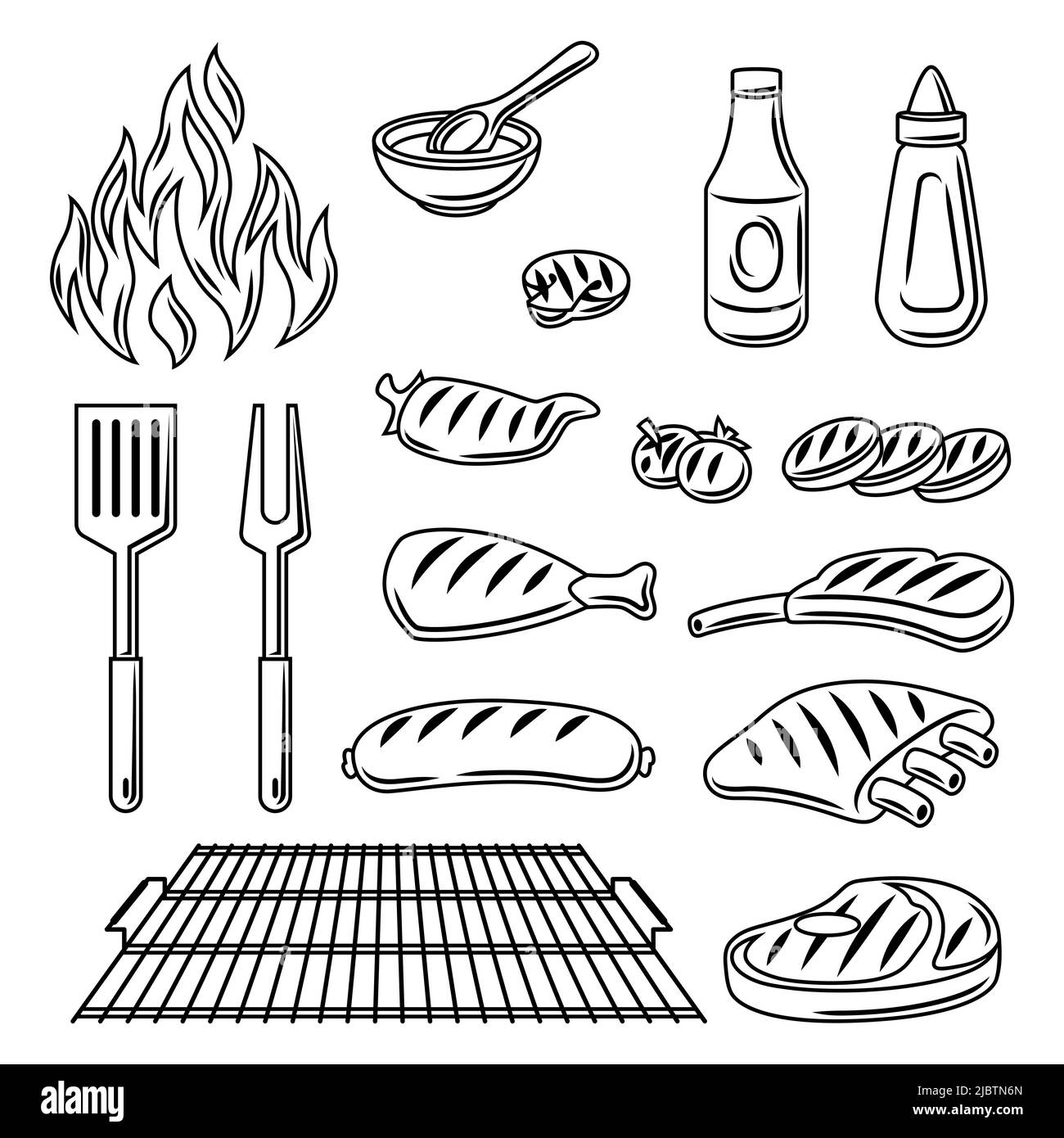 Set barbecue di oggetti e icone alla griglia. Cucina stilizzata e menu del ristorante. Illustrazione Vettoriale