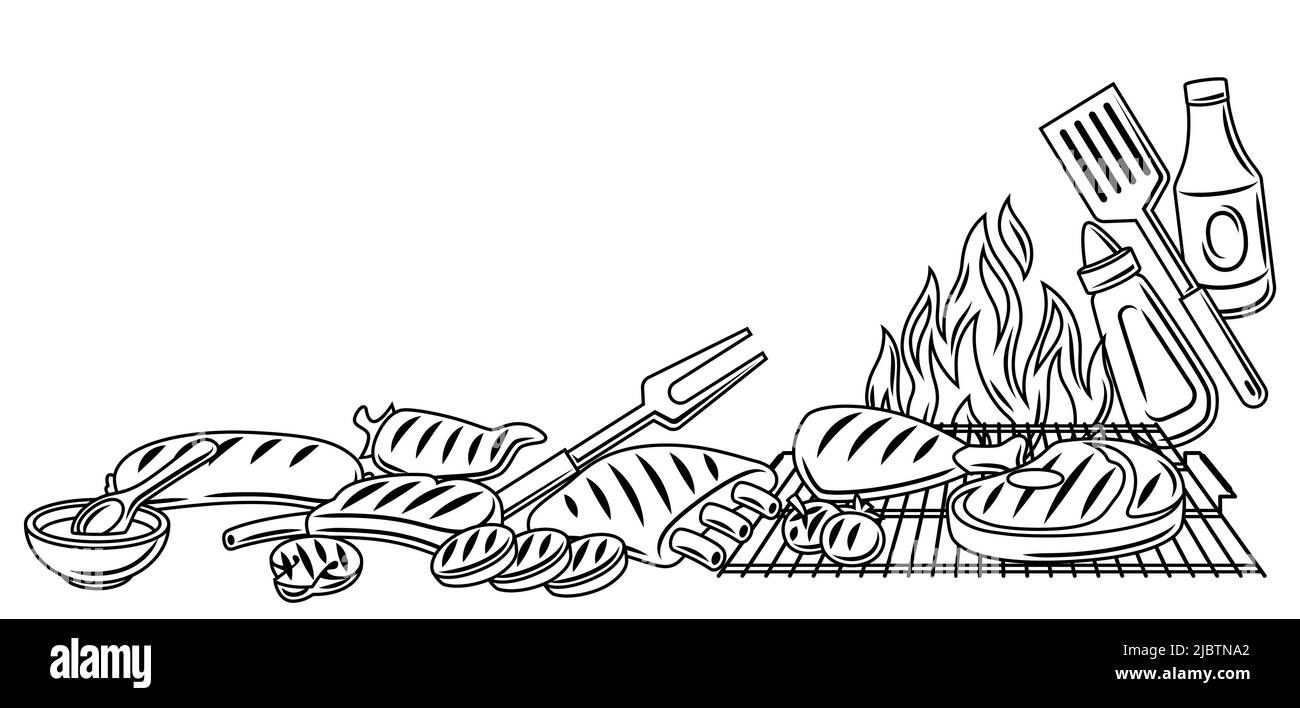 Sfondo barbecue con oggetti e icone alla griglia. Cucina stilizzata e menu del ristorante. Illustrazione Vettoriale