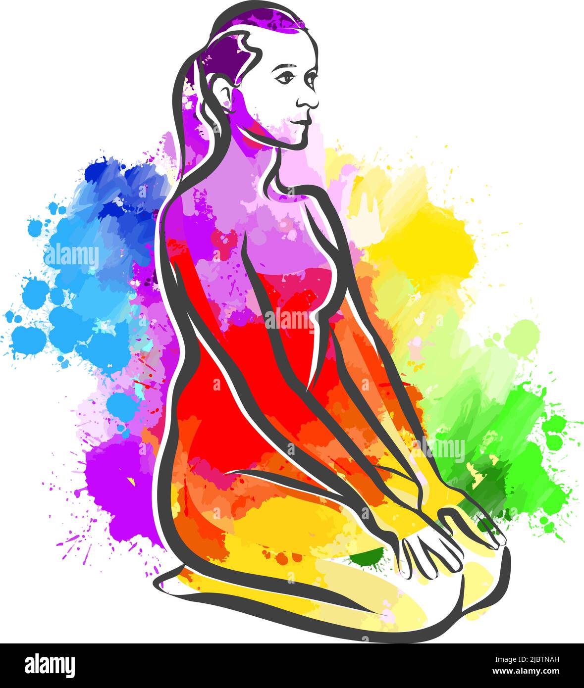Disegno di yoga colorato - posa di Vajrasana. Disegno reale a mano. Segno vettoriale colorato. Illustrazione Vettoriale
